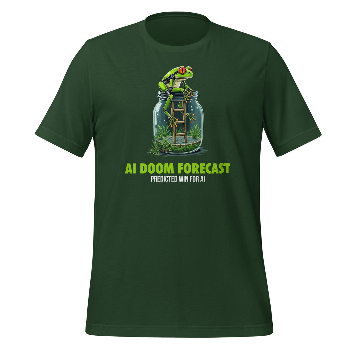 Product mockup photo of the Doom Predicted Win for AI T Shirt (unisex) Forest / M.