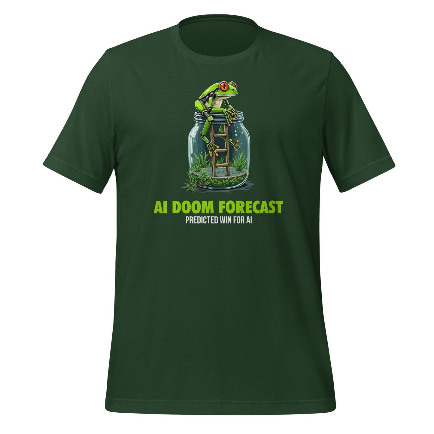 Product mockup photo of the Doom Predicted Win for AI T Shirt (unisex) Forest / M.