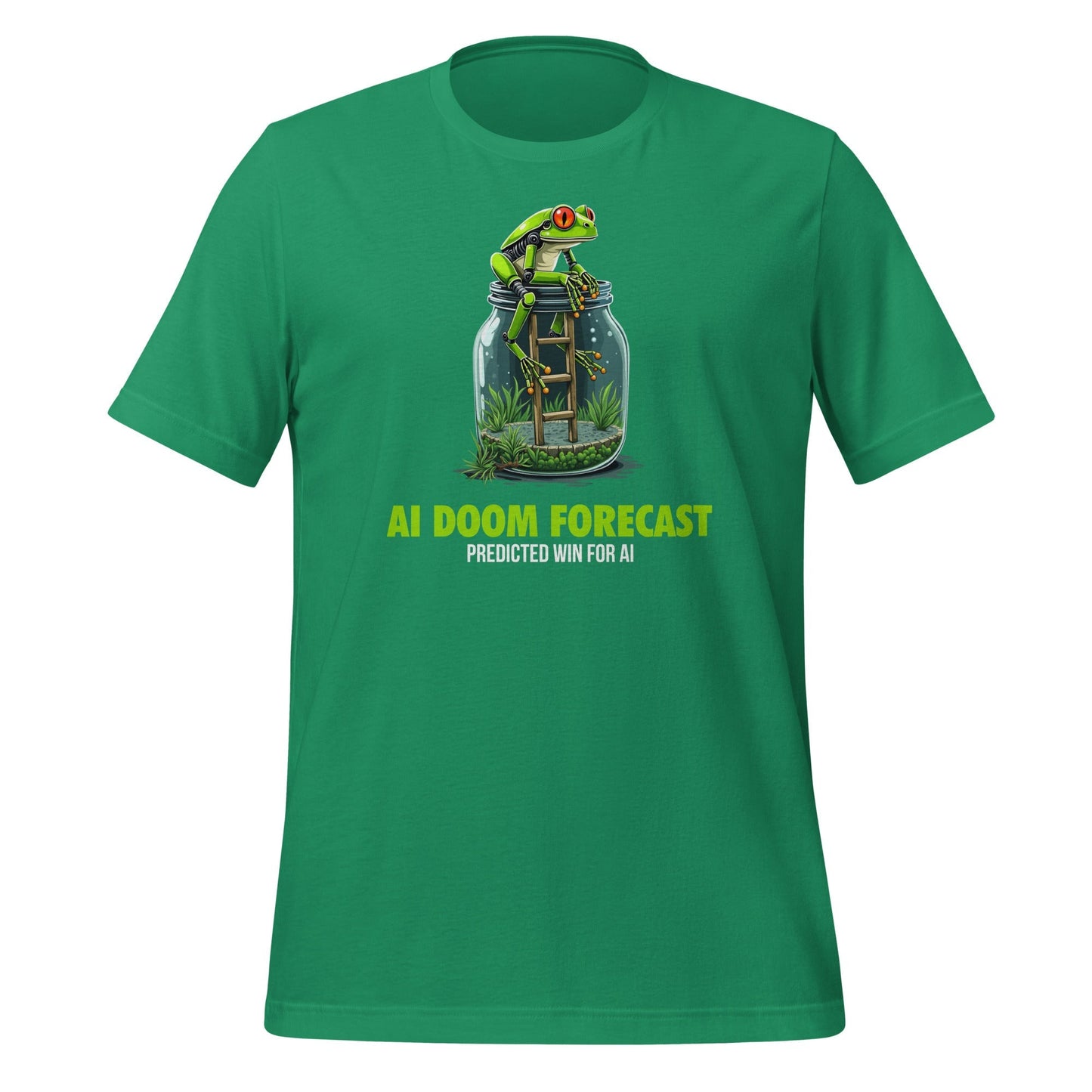 Product mockup photo of the Doom Predicted Win for AI T Shirt (unisex) Kelly / M.