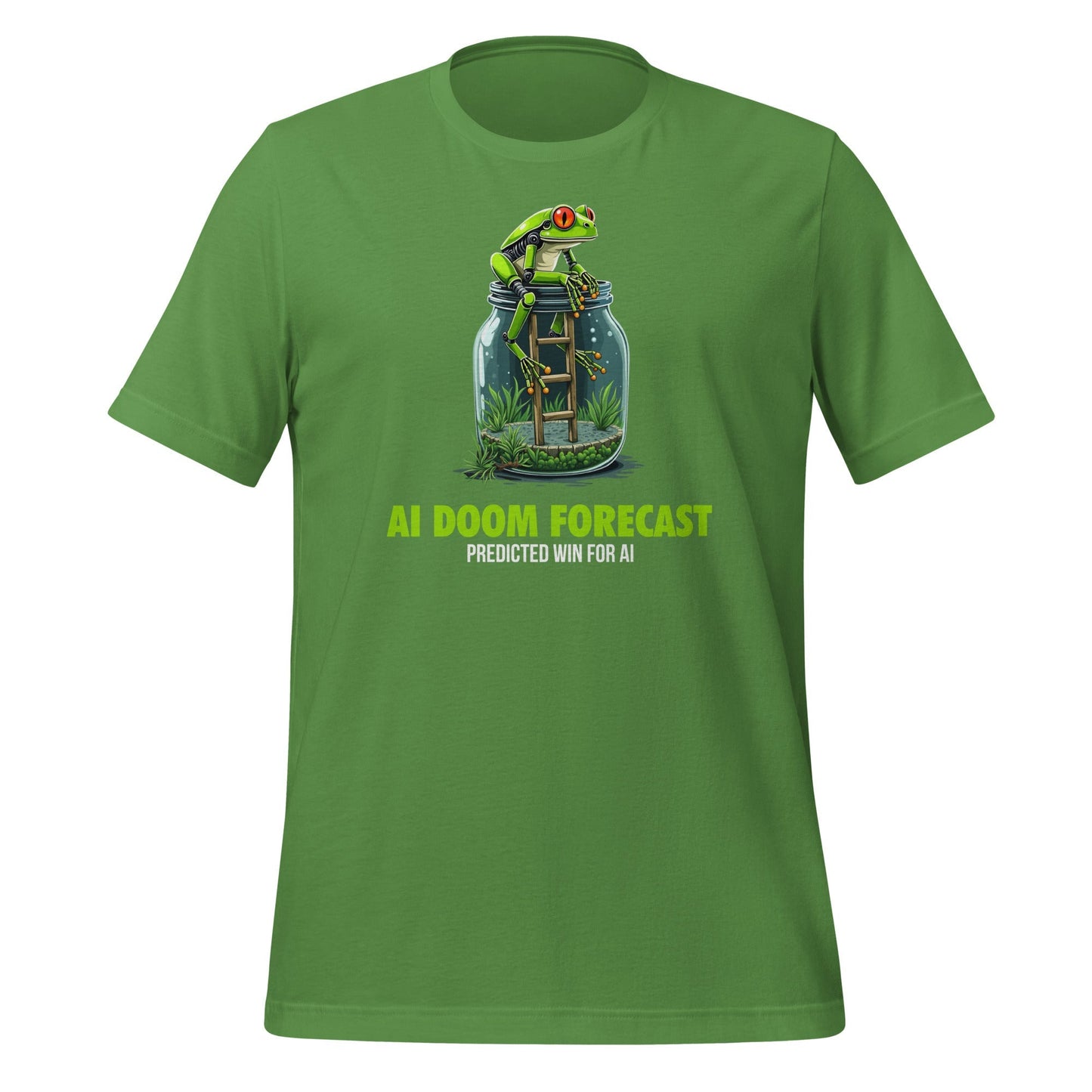 Product mockup photo of the Doom Predicted Win for AI T Shirt (unisex) Leaf / M.