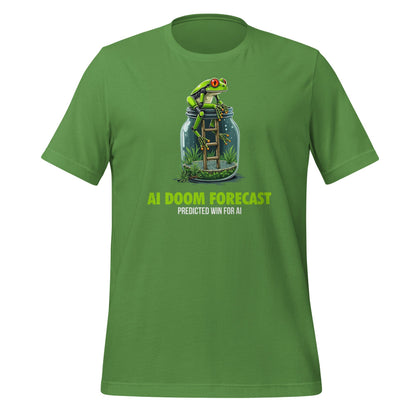 Product mockup photo of the Doom Predicted Win for AI T Shirt (unisex) Leaf / M.