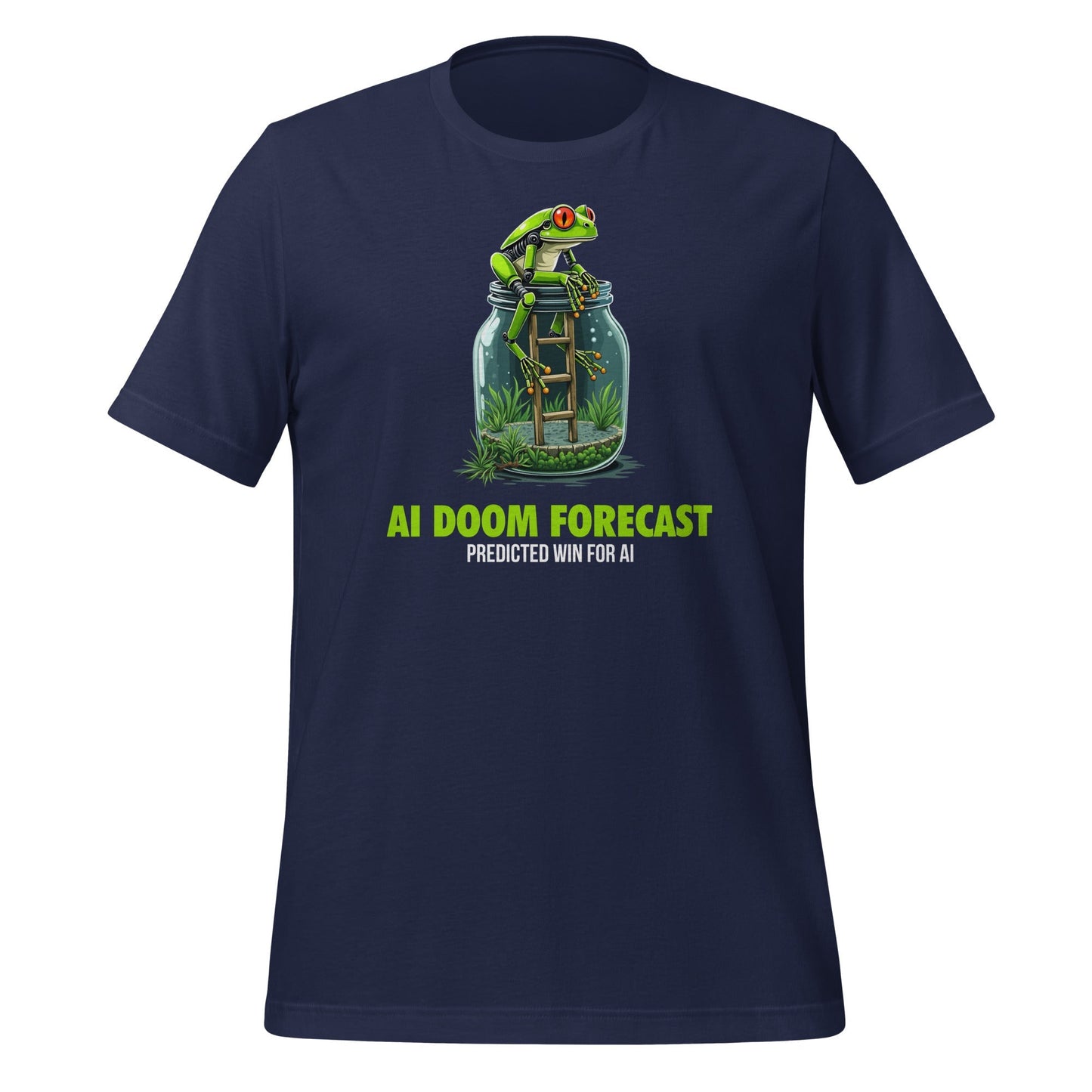 Product mockup photo of the Doom Predicted Win for AI T Shirt (unisex) Navy / M.
