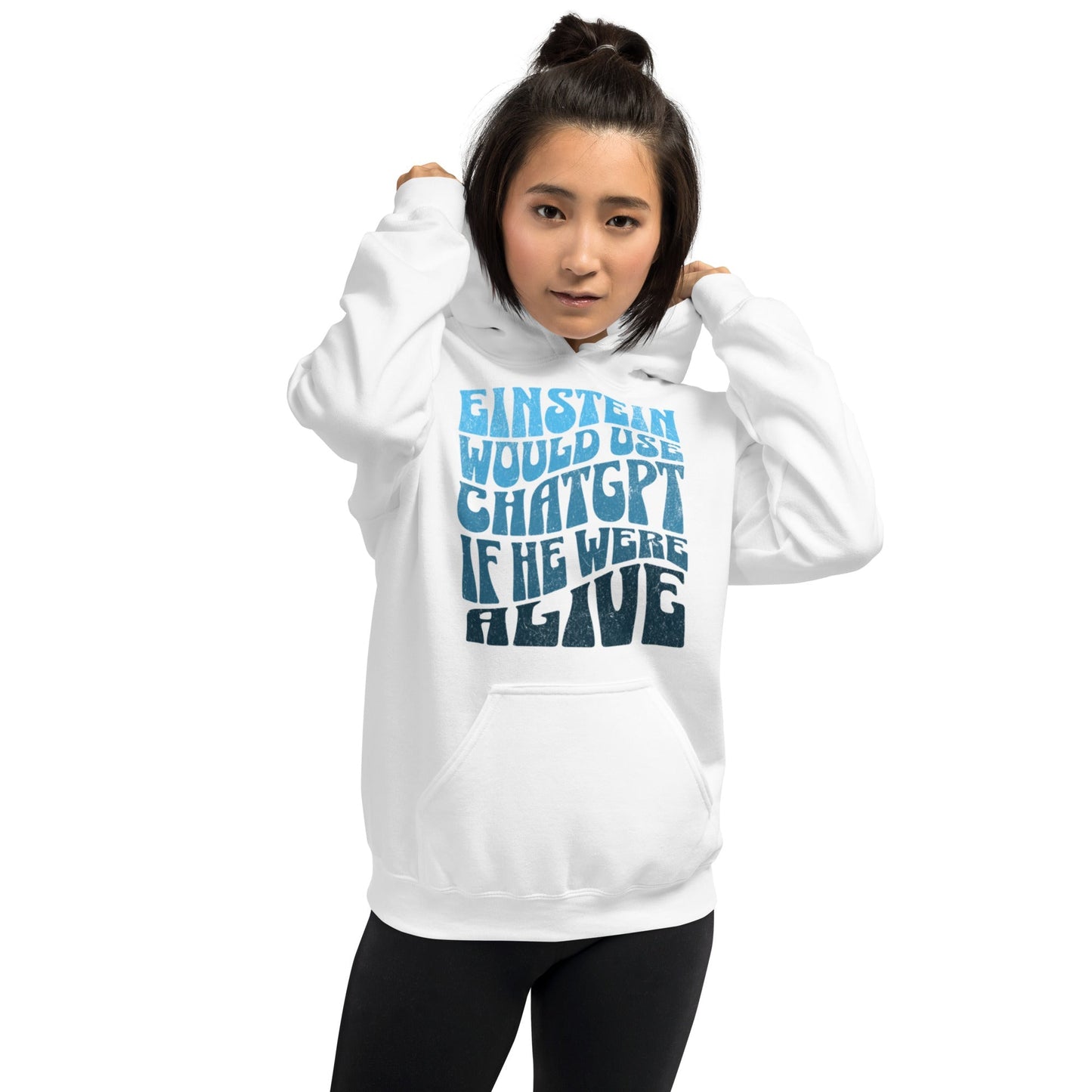 Product mockup photo of the Einstein Would Use ChatGPT Hoodie (unisex).