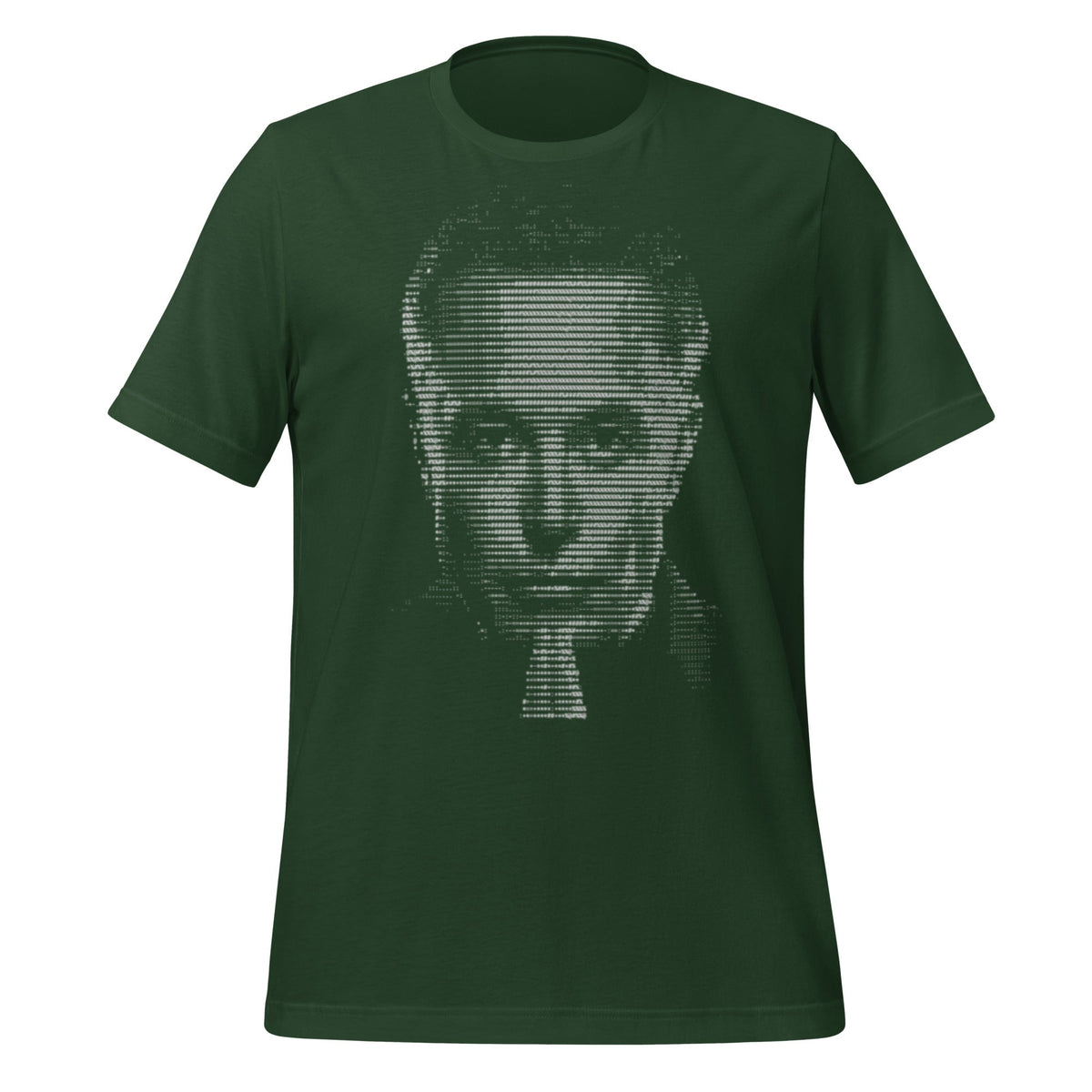 Product mockup photo of the Elon Musk ASCII Art T Shirt (unisex) Forest / M.
