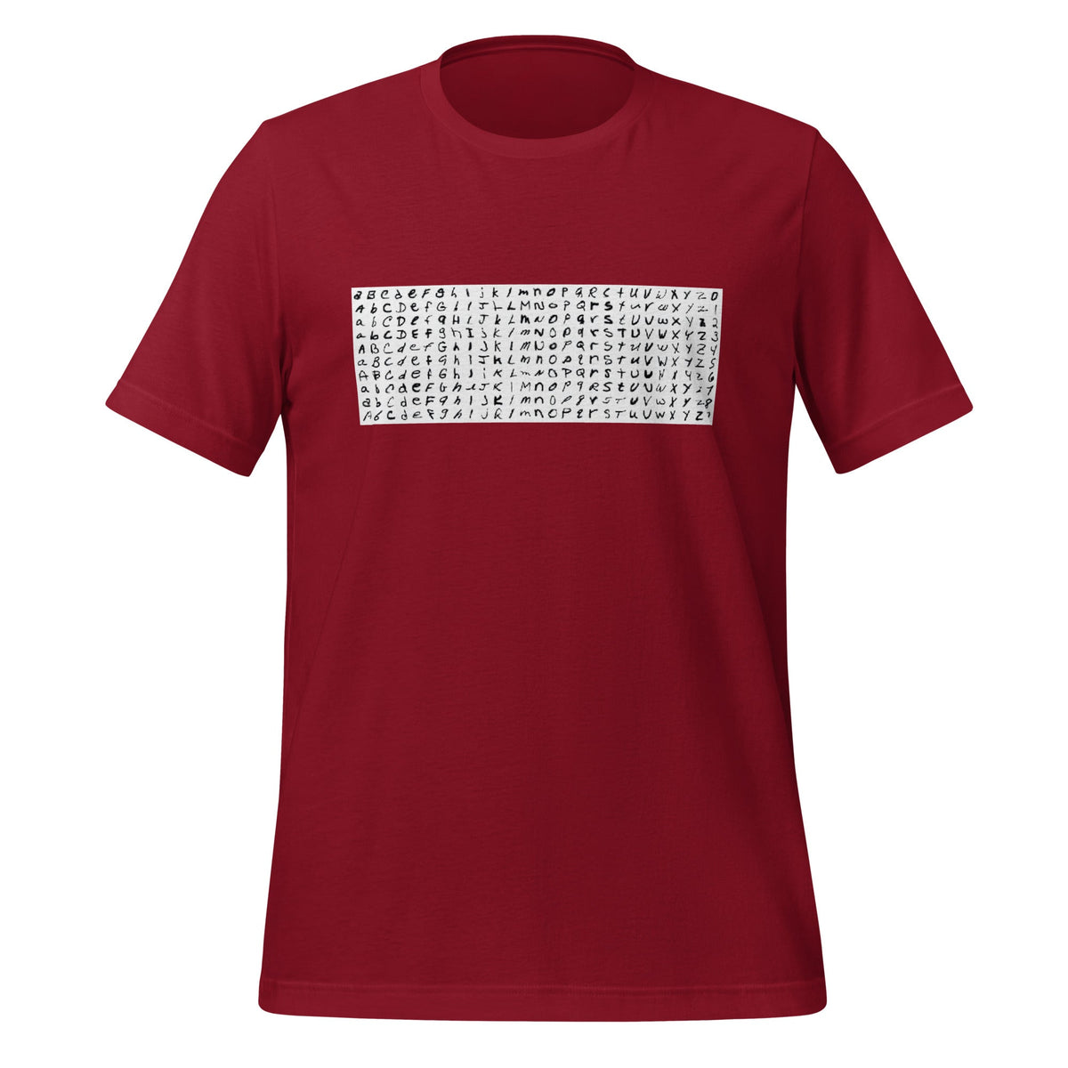 Product mockup photo of the EMNIST Dataset T Shirt (unisex) Cardinal / M.