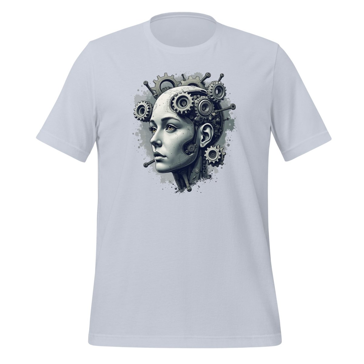 Product mockup photo of the Female Gear Head Robot T Shirt (unisex) Light Blue / M.