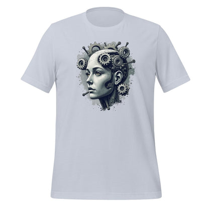 Product mockup photo of the Female Gear Head Robot T Shirt (unisex) Light Blue / M.
