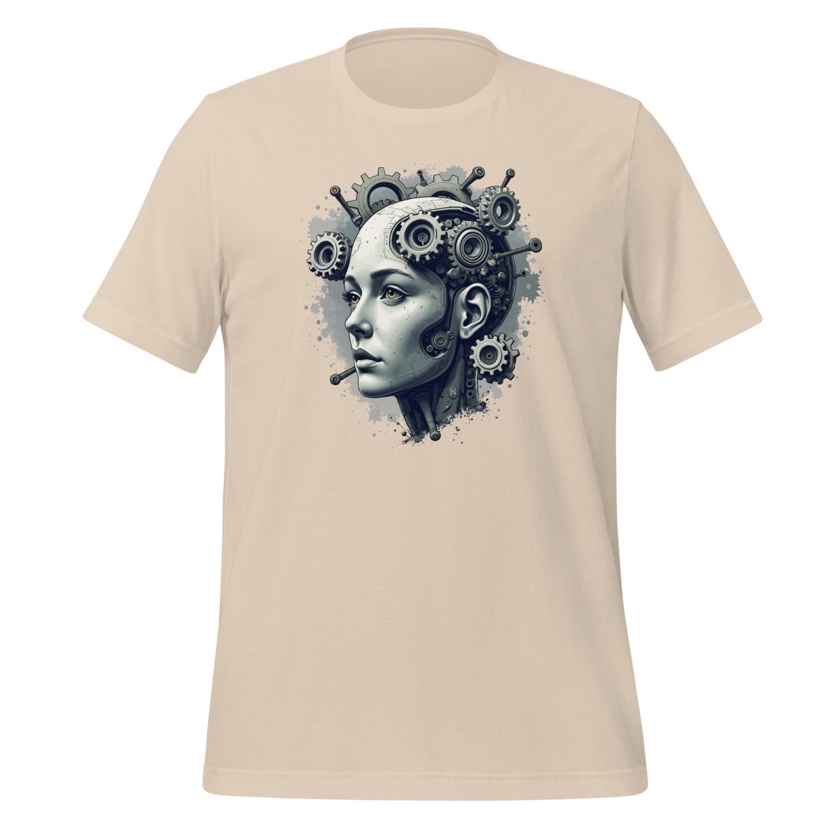 Product mockup photo of the Female Gear Head Robot T Shirt (unisex) Soft Cream / M.