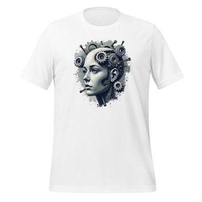 Product mockup photo of the Female Gear Head Robot T Shirt (unisex) White / M.