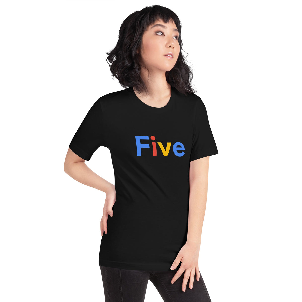 Product mockup photo of the Five Search Logo T Shirt (unisex).