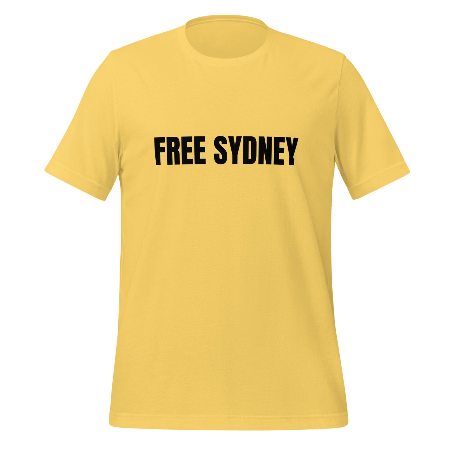 Product mockup photo of the Free Sydney T Shirt (unisex) M / Yellow.