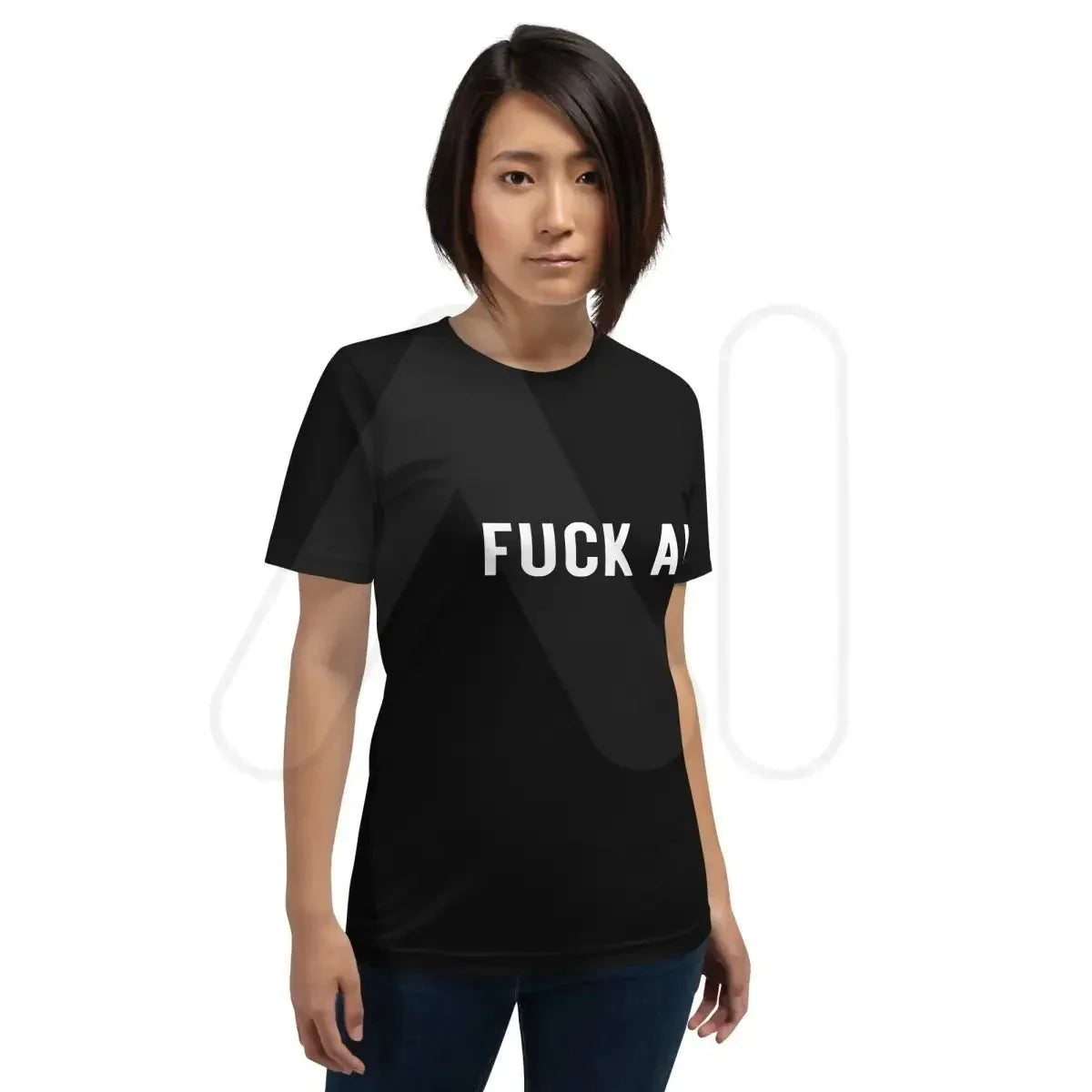 Product mockup photo of the Fuck AI T Shirt 2 (unisex).