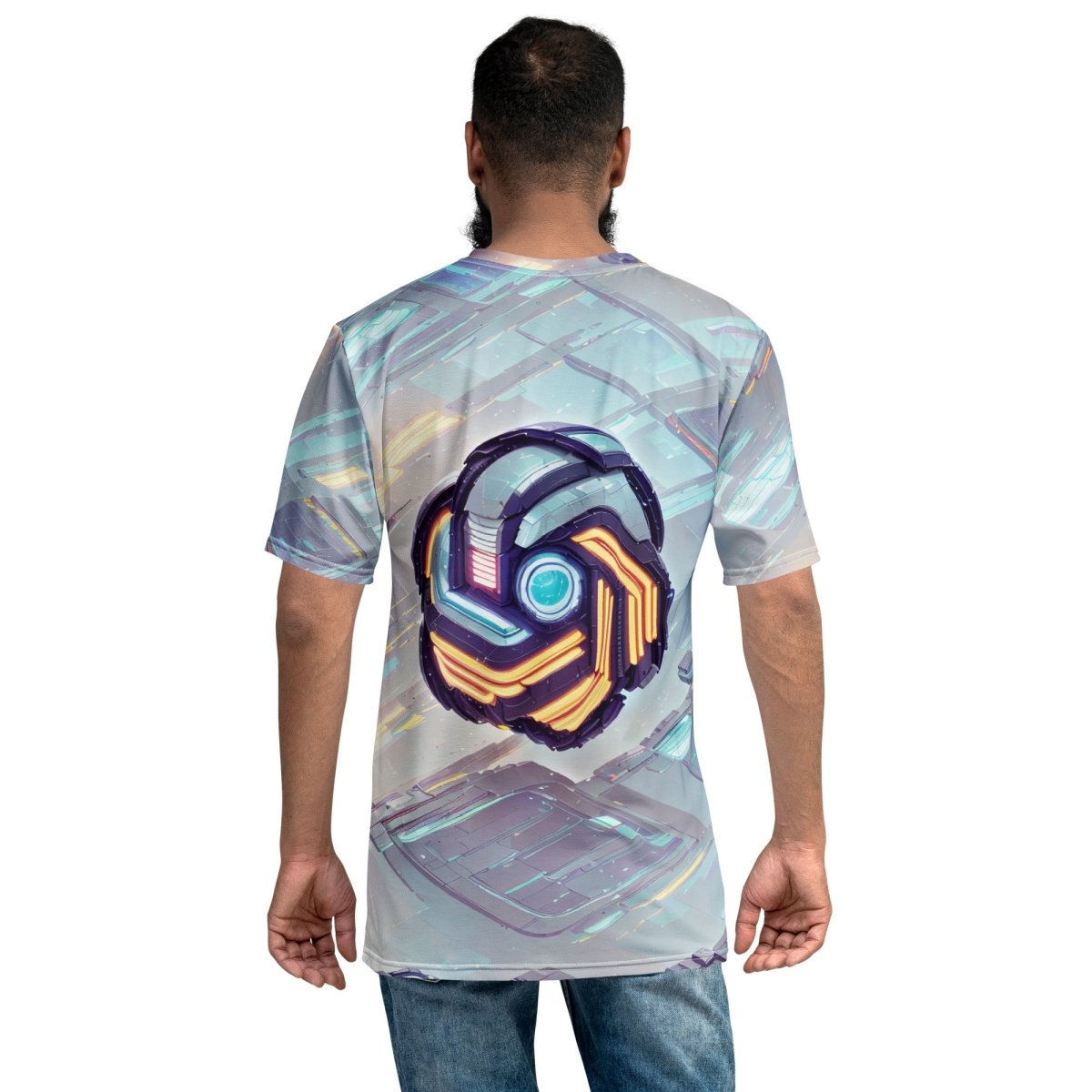 Product mockup photo of the Futuristic Logo Scene T Shirt (men).
