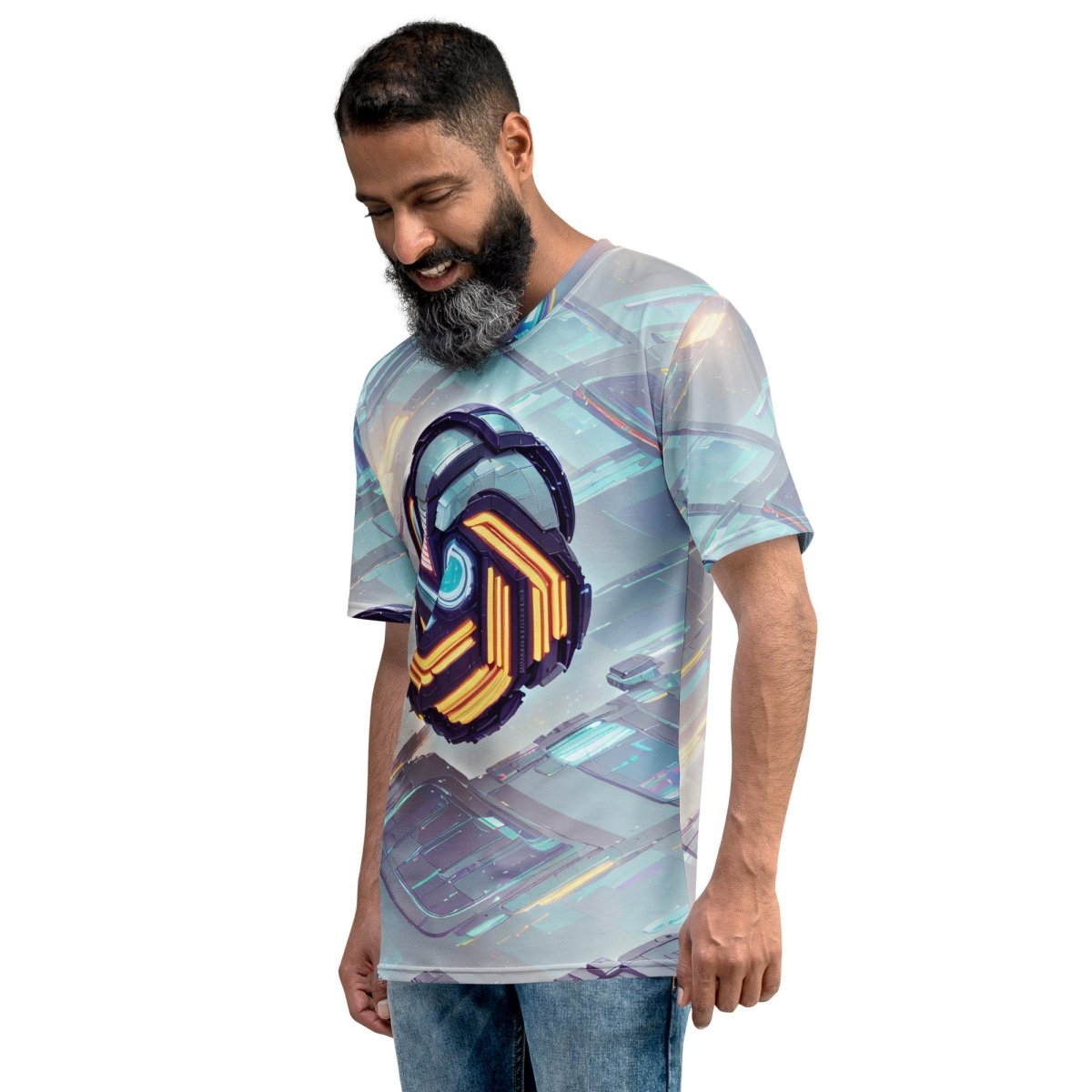 Product mockup photo of the Futuristic Logo Scene T Shirt (men).