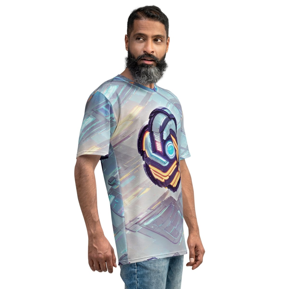 Product mockup photo of the Futuristic Logo Scene T Shirt (men).