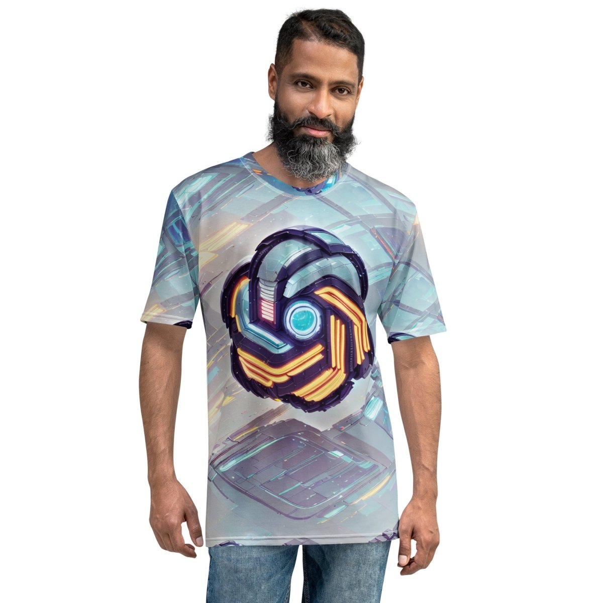Product mockup photo of the Futuristic Logo Scene T Shirt (men).