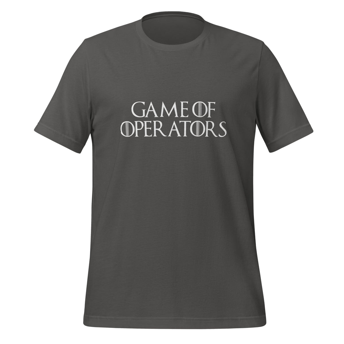 Product mockup photo of the Game of Operators T Shirt (unisex) Asphalt / M.