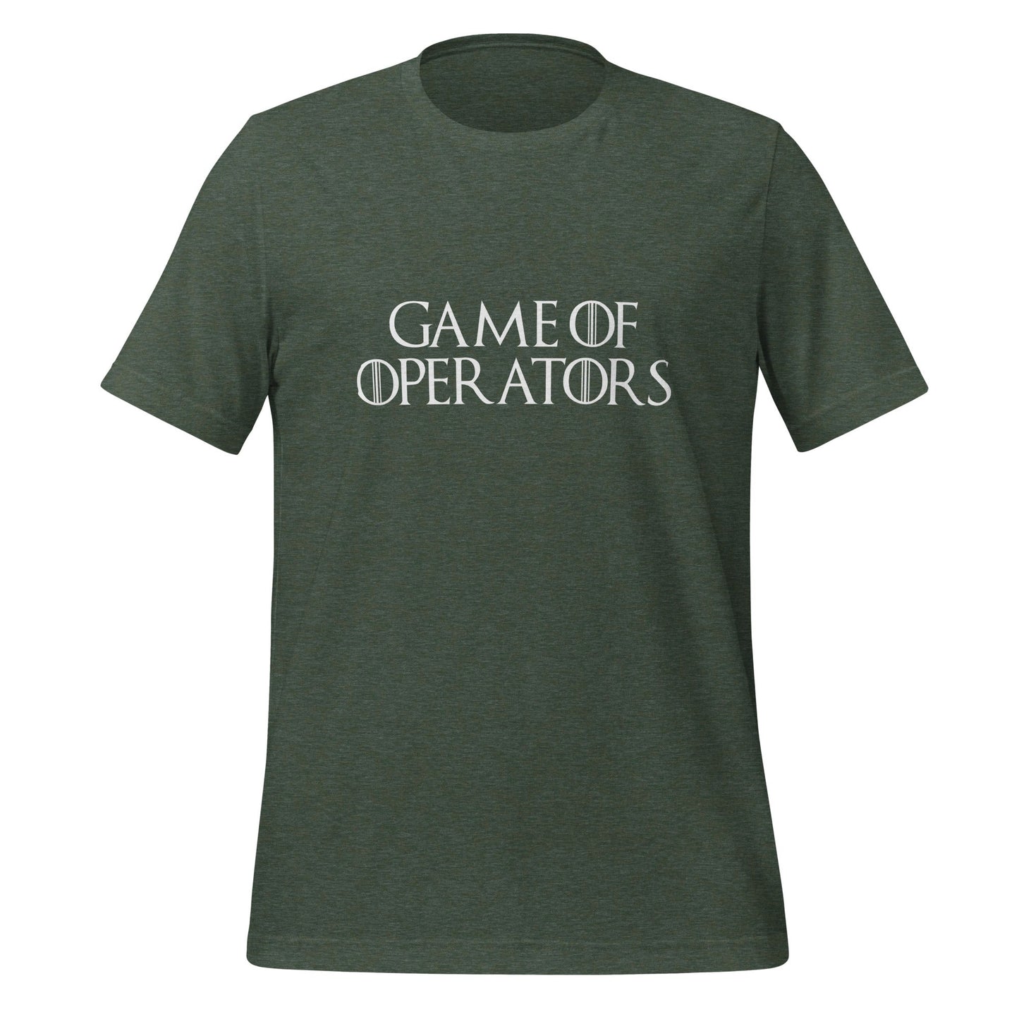 Product mockup photo of the Game of Operators T Shirt (unisex) Heather Forest / M.