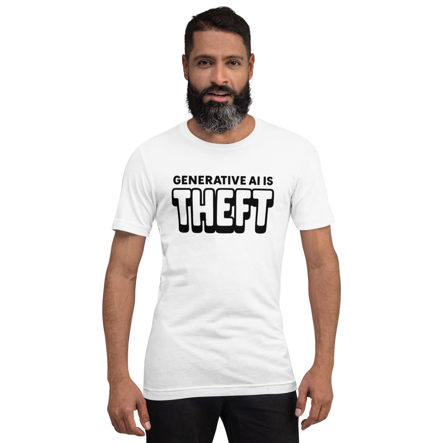 Product mockup photo of the Generative AI is Theft T Shirt (unisex).