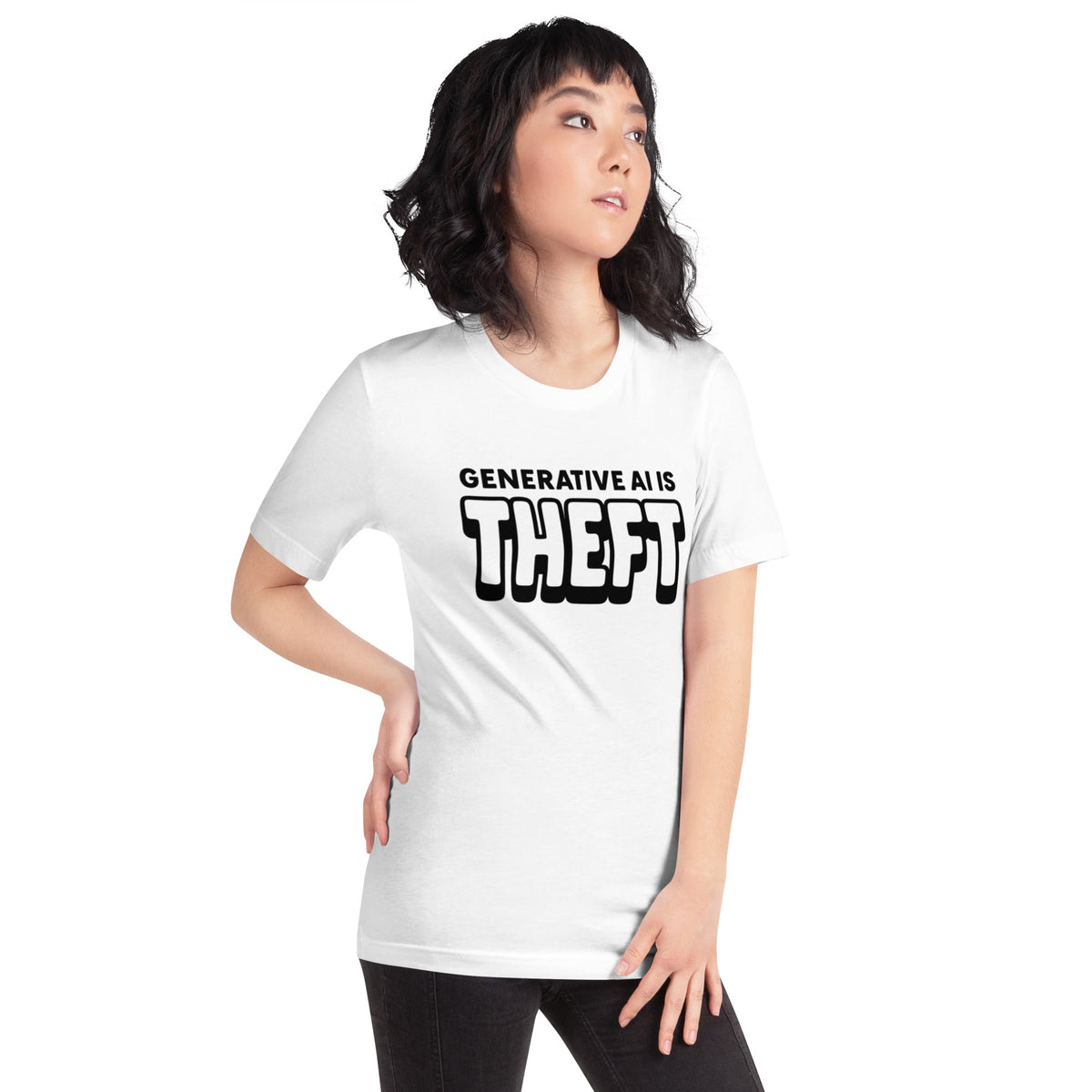 Product mockup photo of the Generative AI is Theft T Shirt (unisex).