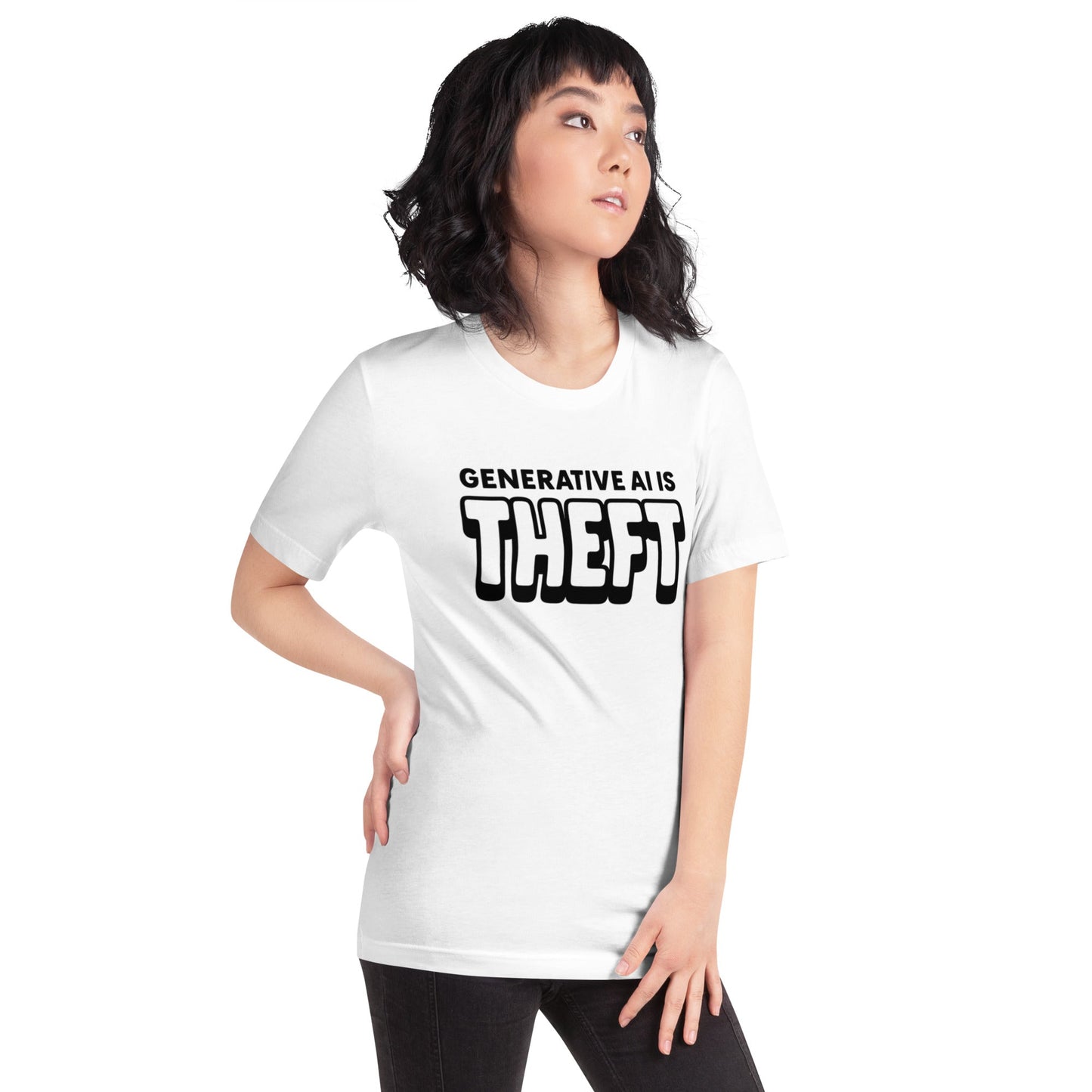 Product mockup photo of the Generative AI is Theft T Shirt (unisex).