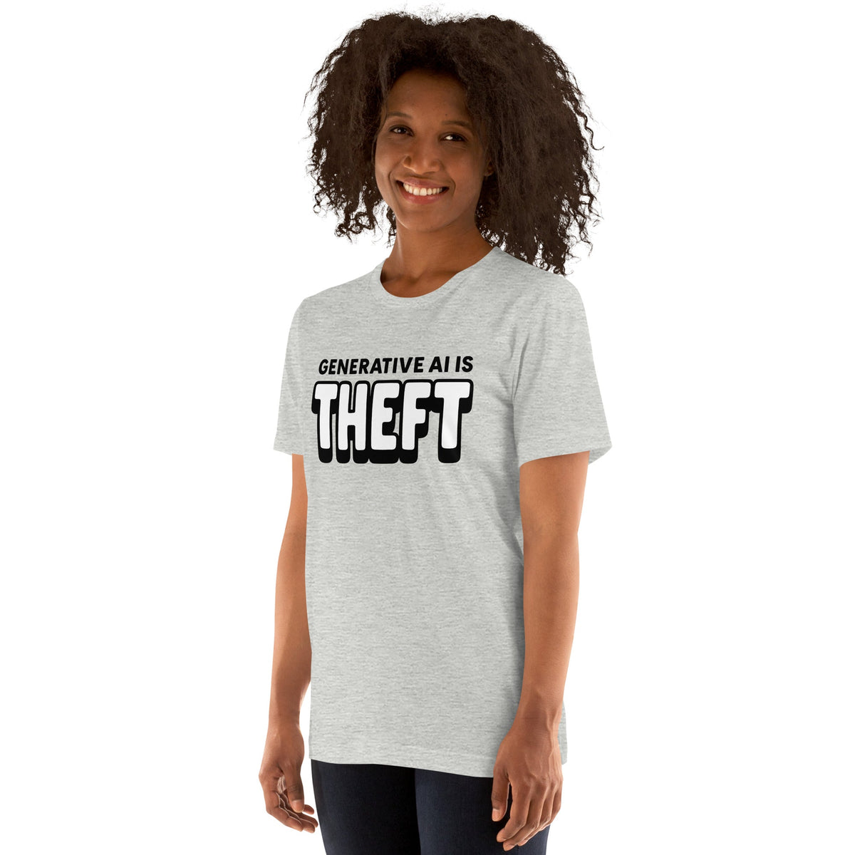 Product mockup photo of the Generative AI is Theft T Shirt (unisex).