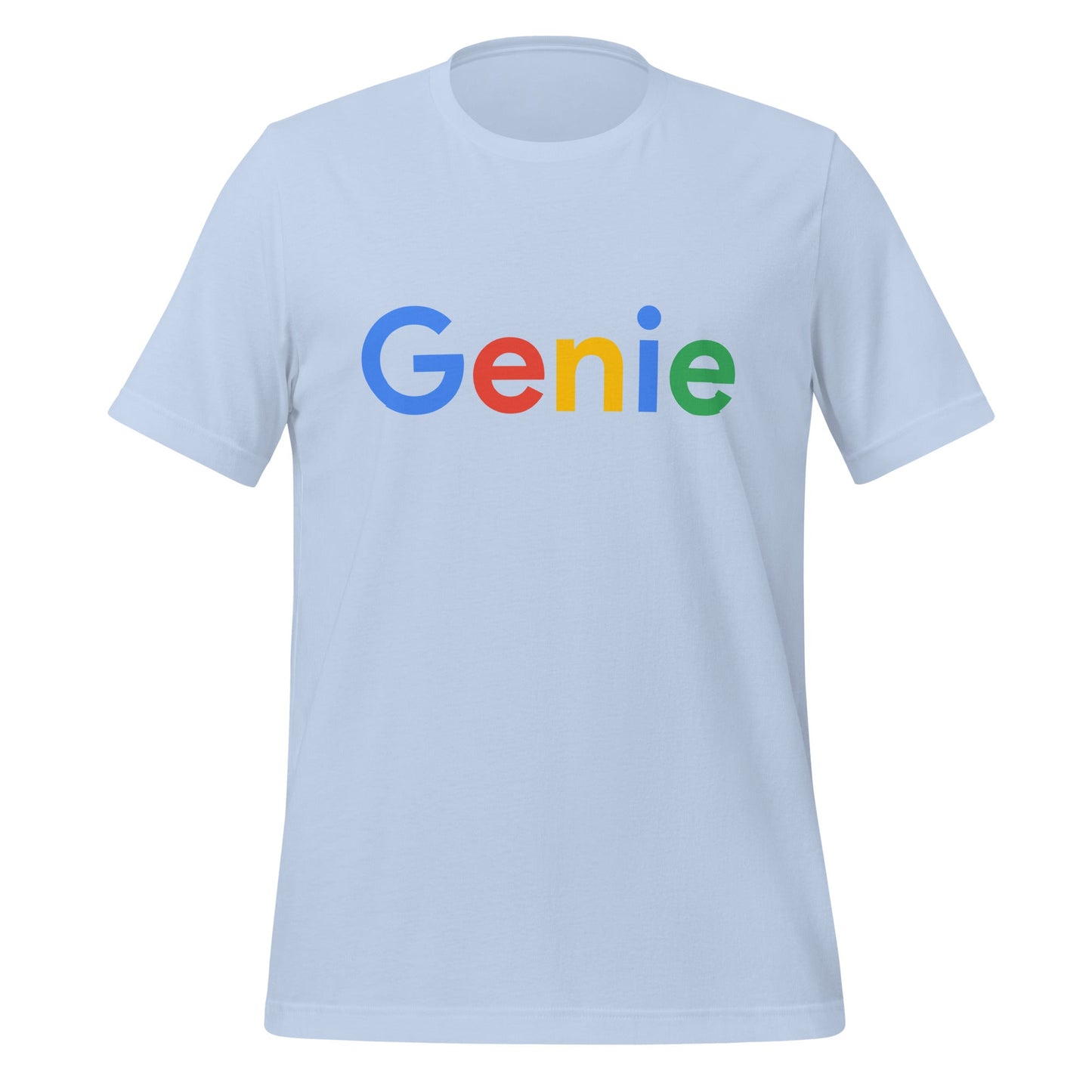Product mockup photo of the Genie Search Logo T Shirt (unisex) Baby Blue / M.