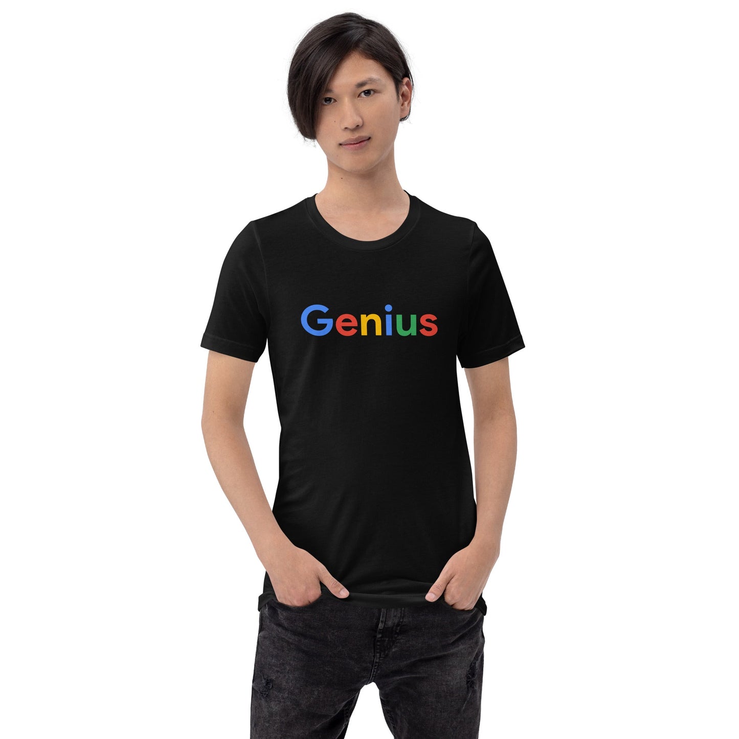 Product mockup photo of the Genius Search Logo T Shirt (unisex).