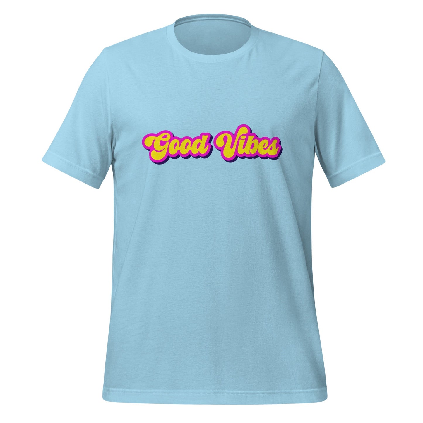 Product mockup photo of the Good Vibes T Shirt (unisex) Ocean Blue / M.