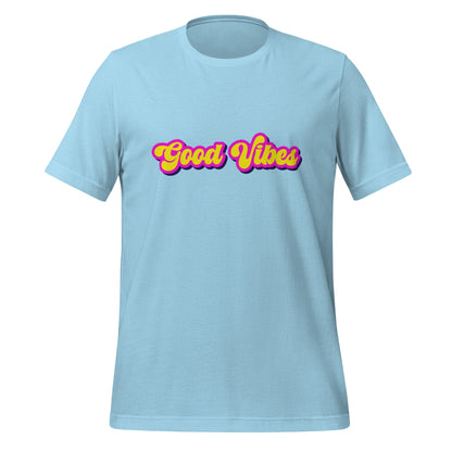 Product mockup photo of the Good Vibes T Shirt (unisex) Ocean Blue / M.
