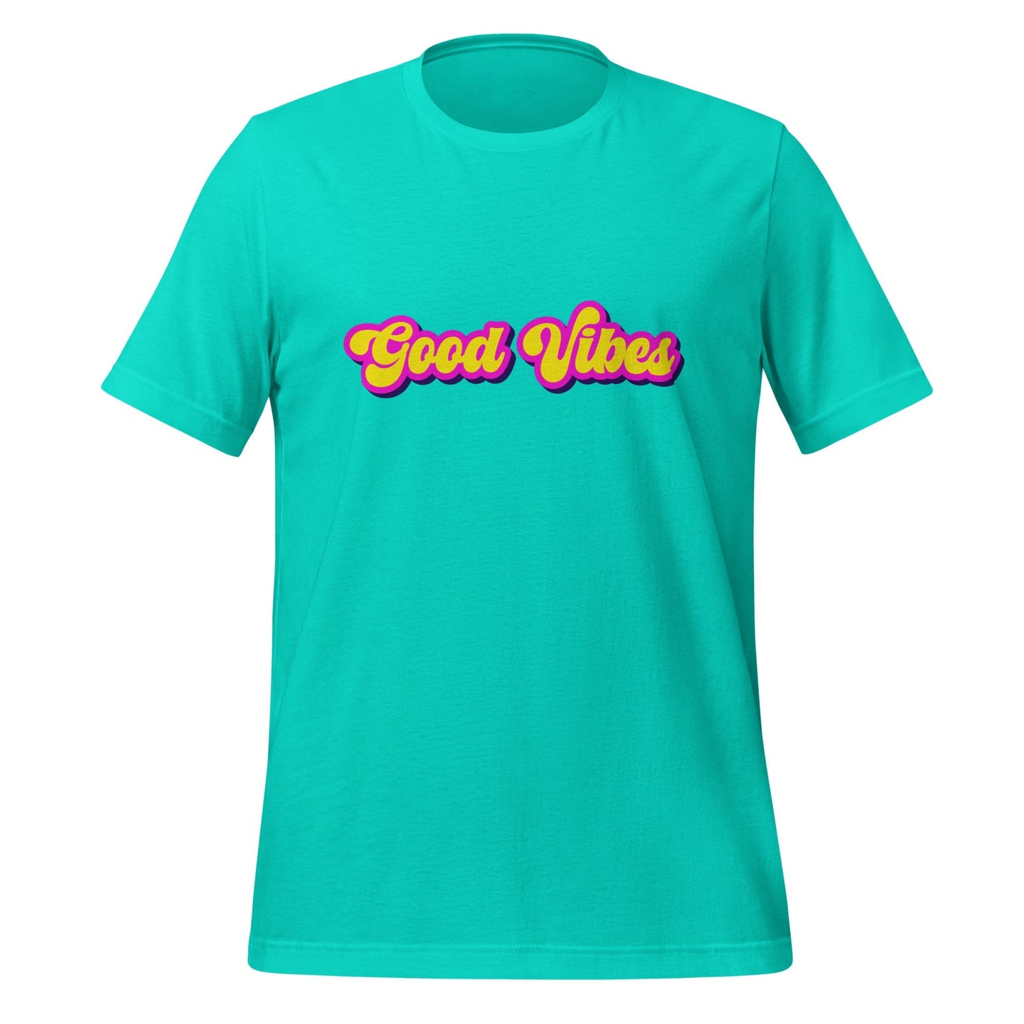 Product mockup photo of the Good Vibes T Shirt (unisex) Teal / M.