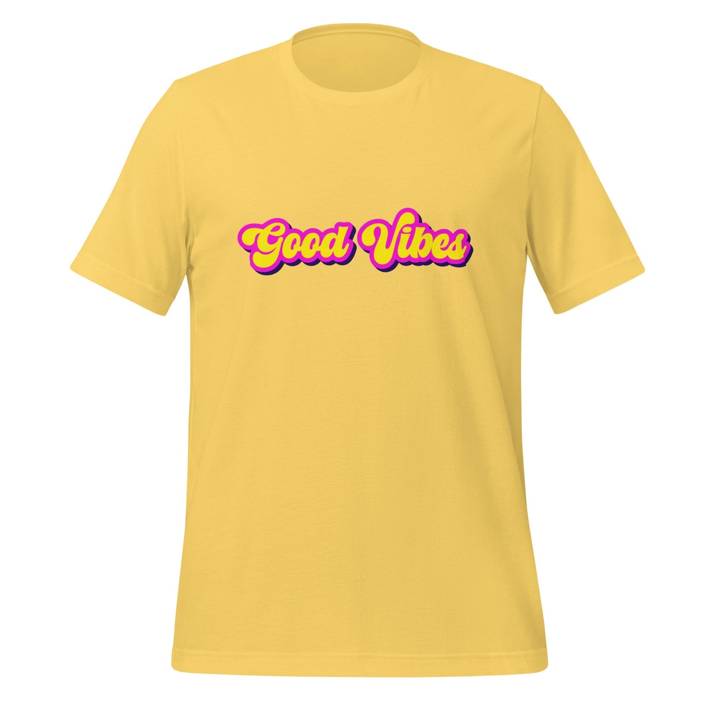 Product mockup photo of the Good Vibes T Shirt (unisex) Yellow / M.