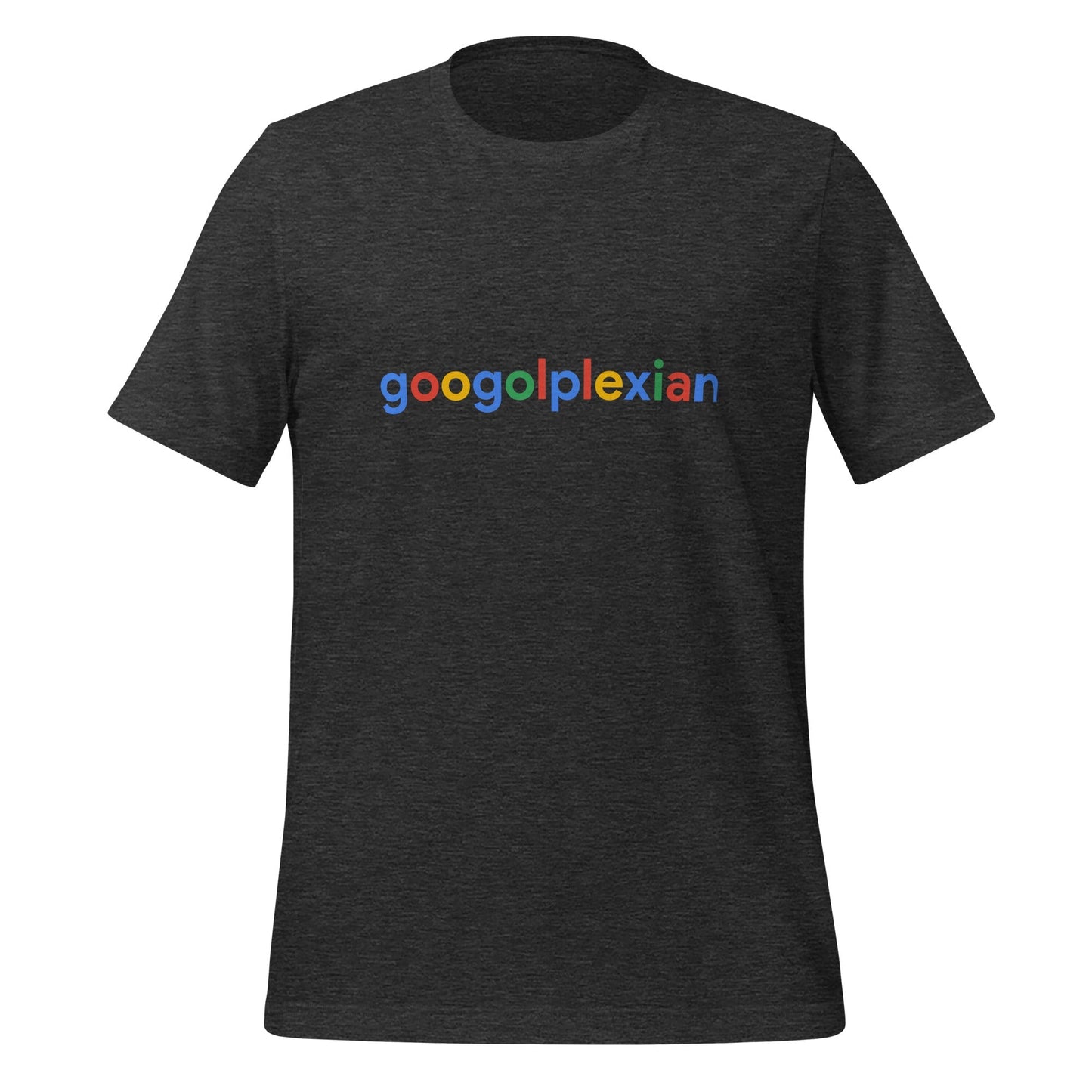 Product mockup photo of the googolplexian T Shirt (unisex) Dark Grey Heather / M.
