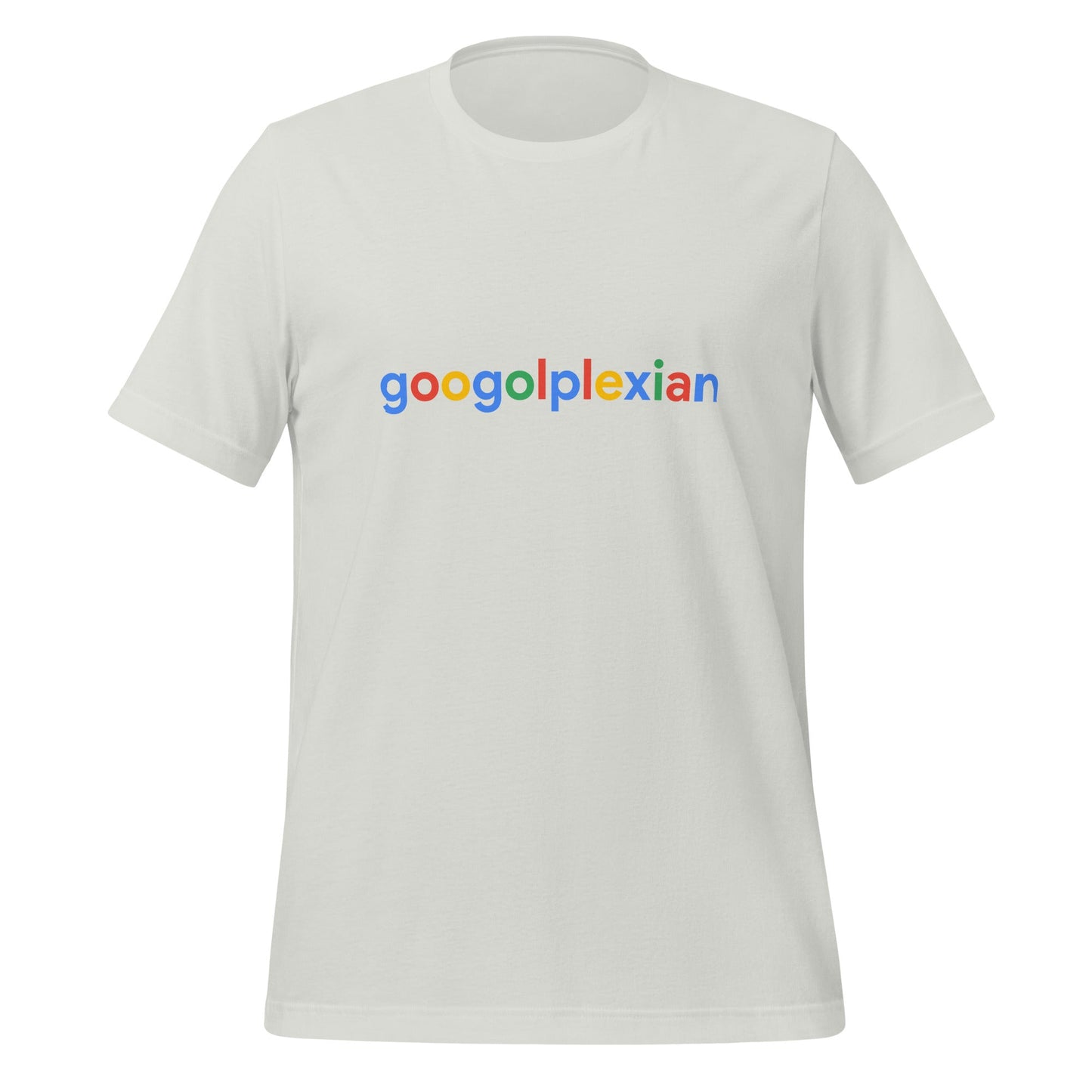 Product mockup photo of the googolplexian T Shirt (unisex) Silver / M.