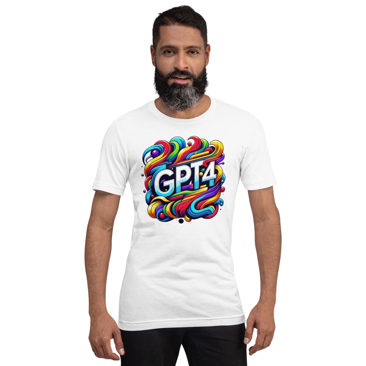 Product mockup photo of the GPT 4 DALL E Design T Shirt (unisex).