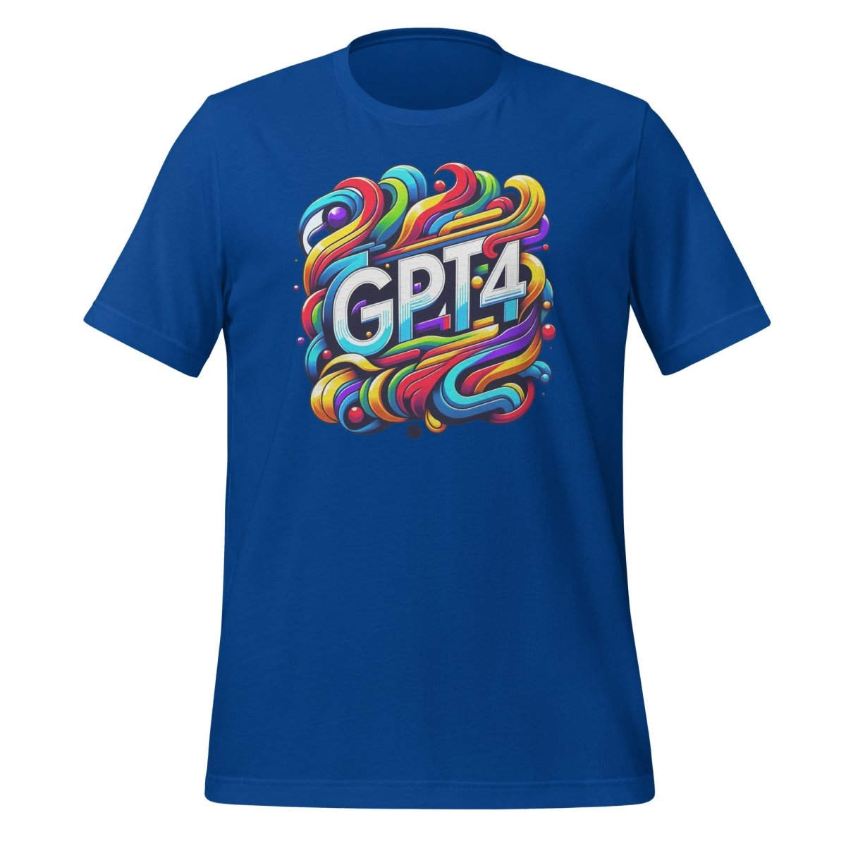 Product mockup photo of the GPT 4 DALL E Design T Shirt (unisex) True Royal / M.