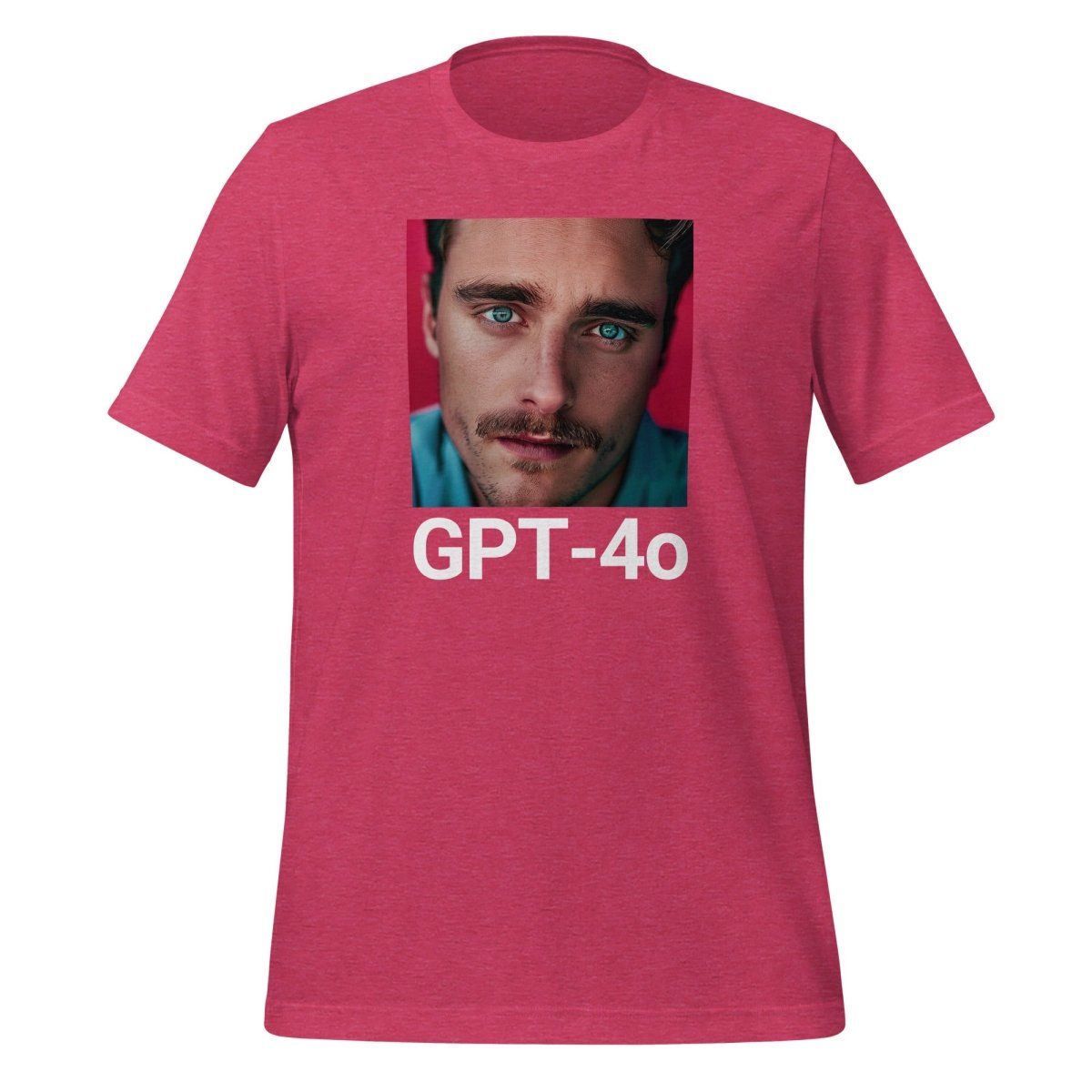 Product mockup photo of the GPT 4o is Her T Shirt (unisex) Heather Raspberry / M.