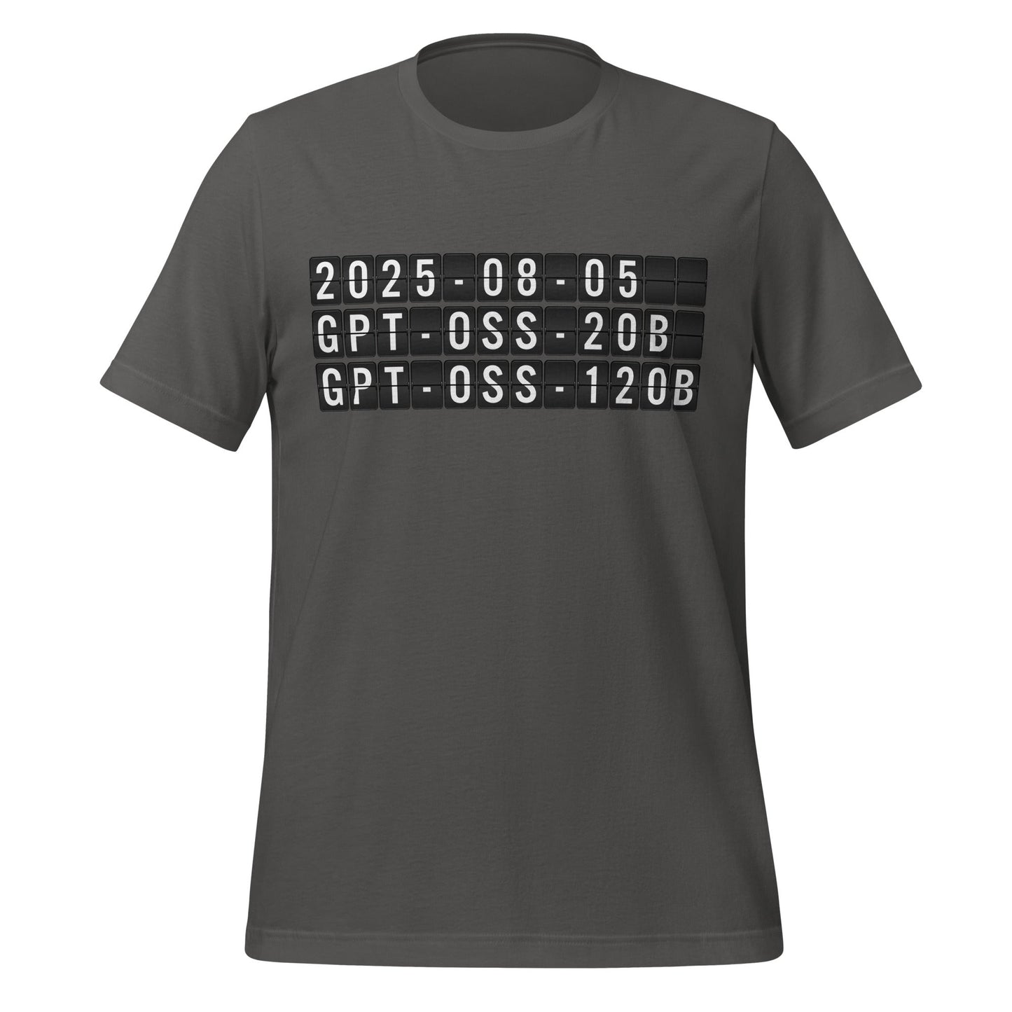 Product mockup photo of the gpt oss Arrival T Shirt (unisex) Asphalt / M.