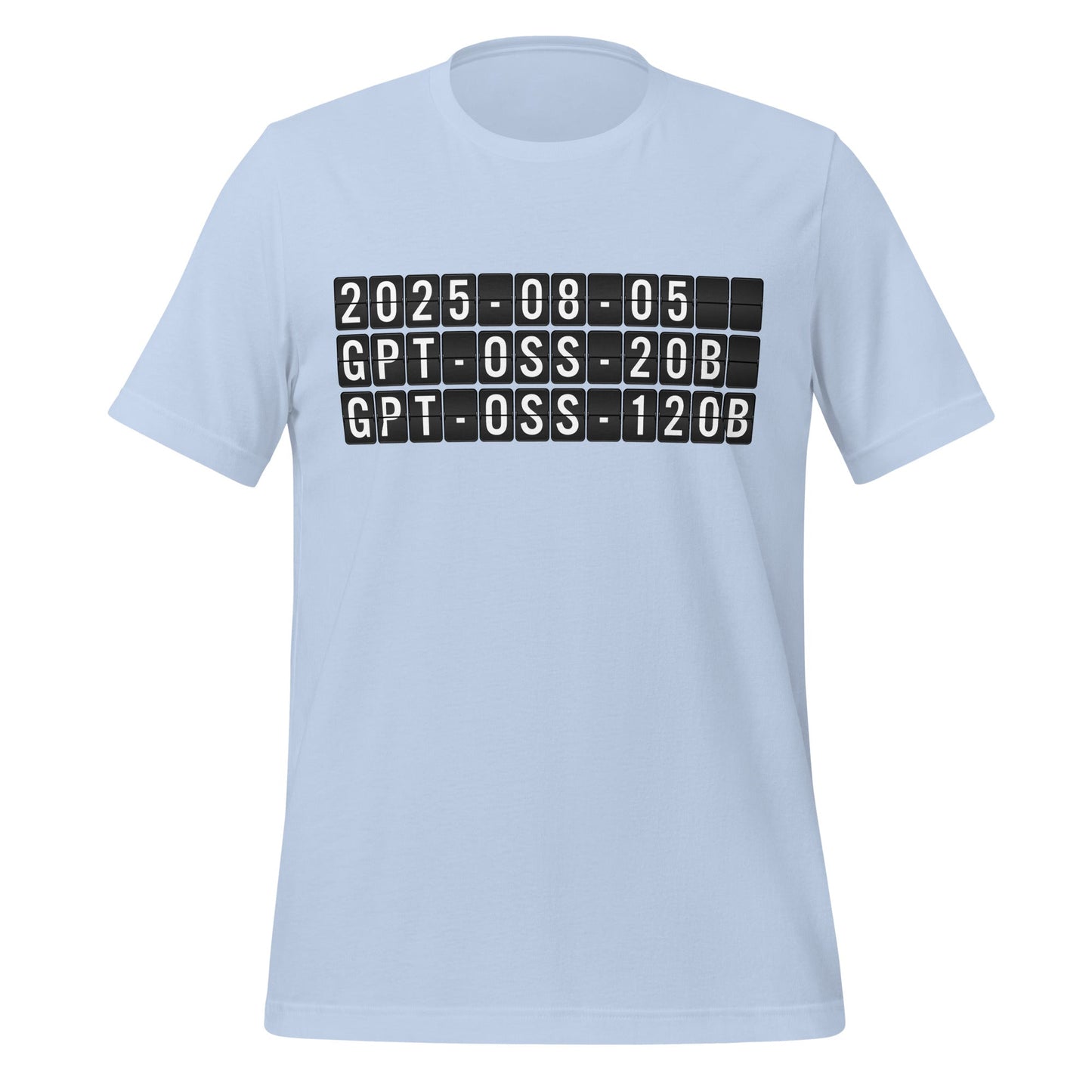 Product mockup photo of the gpt oss Arrival T Shirt (unisex) Baby Blue / M.
