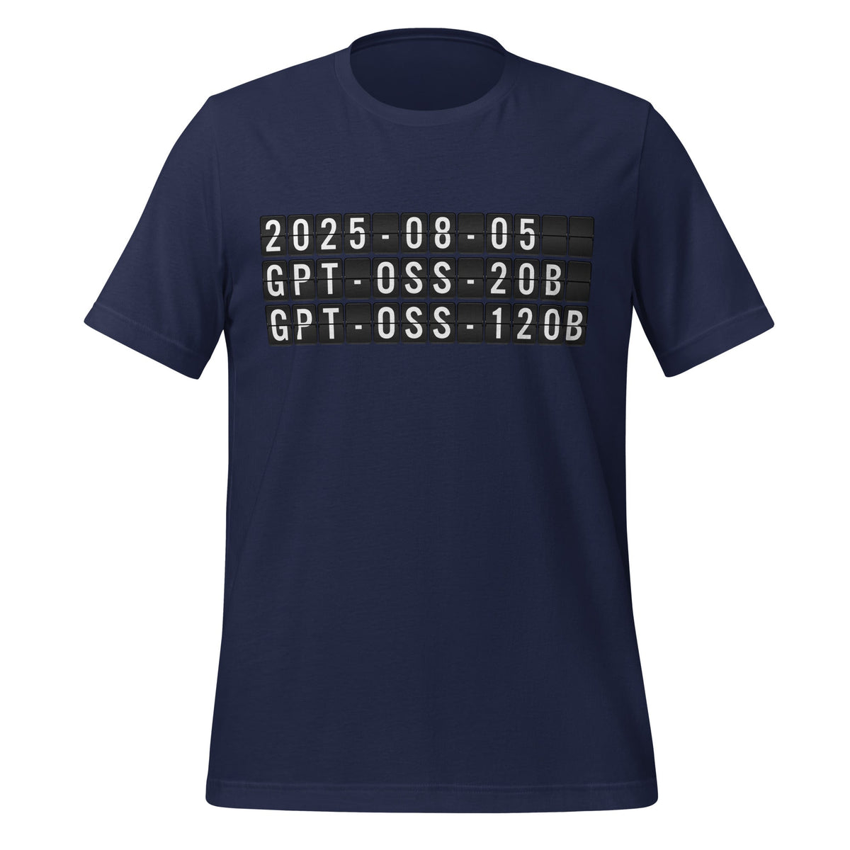 Product mockup photo of the gpt oss Arrival T Shirt (unisex) Navy / M.