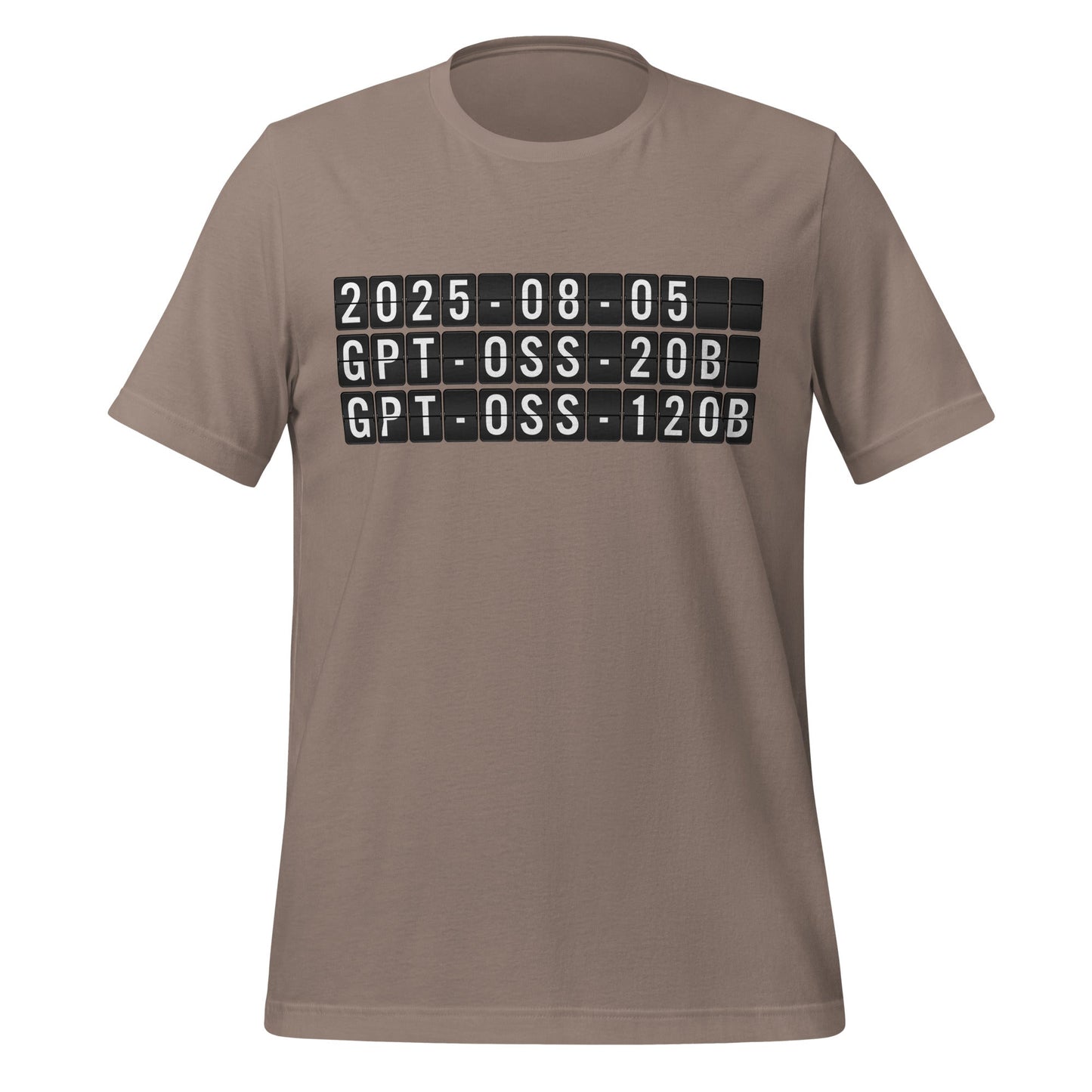 Product mockup photo of the gpt oss Arrival T Shirt (unisex) Pebble / M.