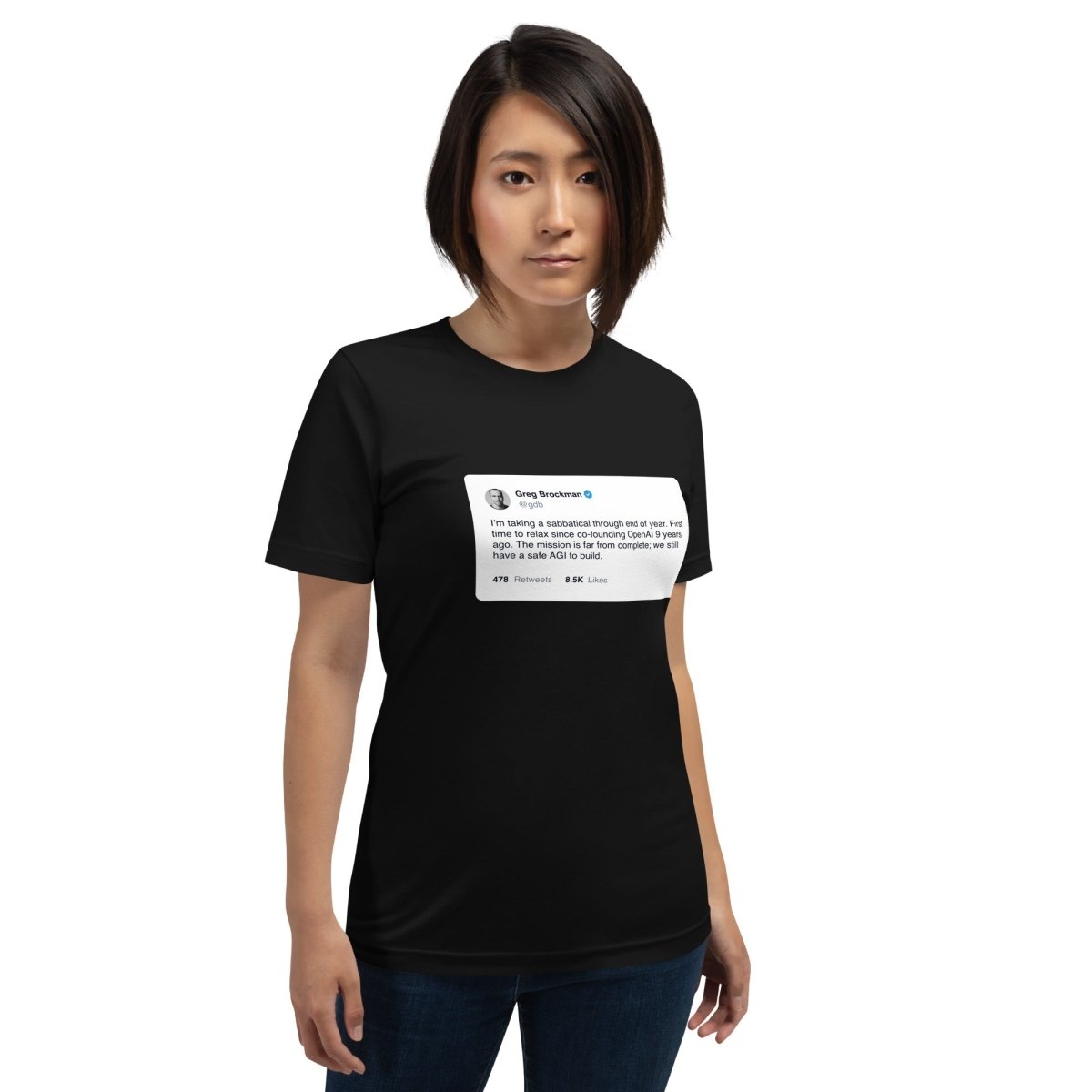 Product mockup photo of the Greg Brockman 2024 Sabbatical X Post T Shirt (unisex).