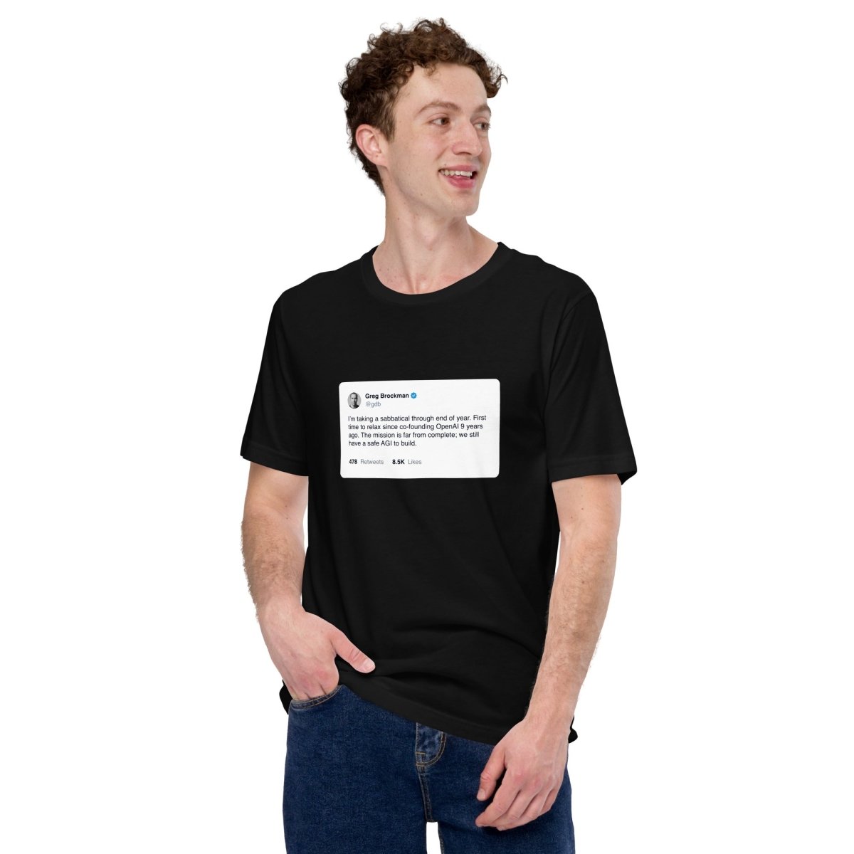 Product mockup photo of the Greg Brockman 2024 Sabbatical X Post T Shirt (unisex).