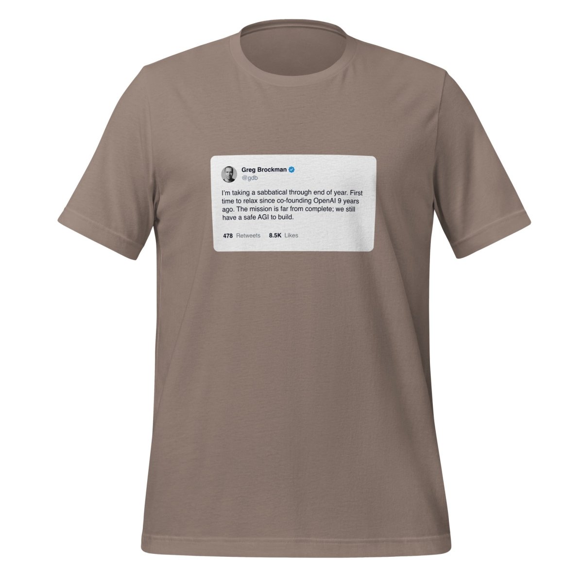 Product mockup photo of the Greg Brockman 2024 Sabbatical X Post T Shirt (unisex) Pebble / M.