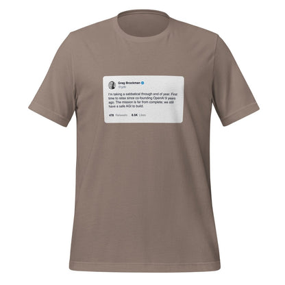 Product mockup photo of the Greg Brockman 2024 Sabbatical X Post T Shirt (unisex) Pebble / M.