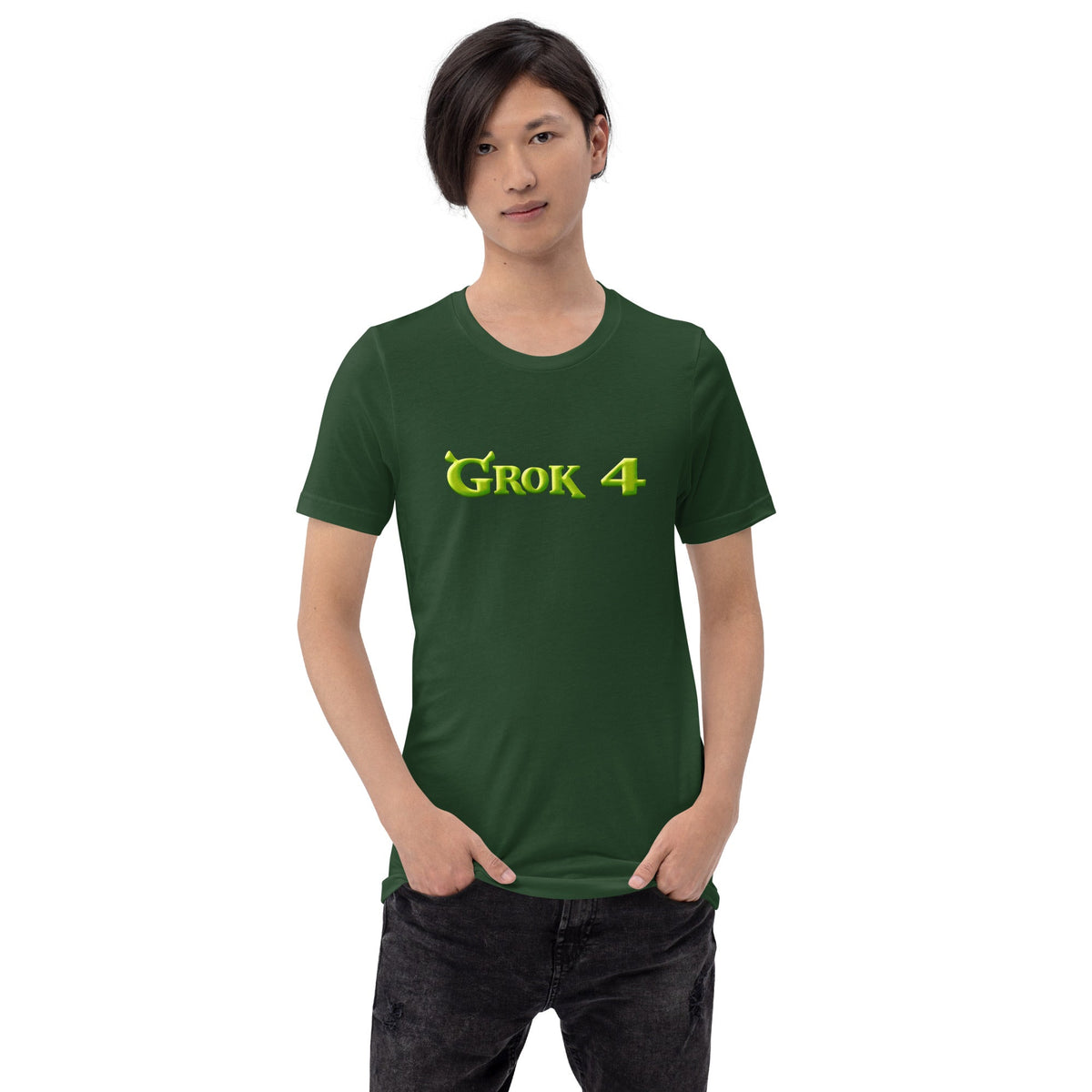 Product mockup photo of the Grok 4 Ogre T Shirt (unisex).