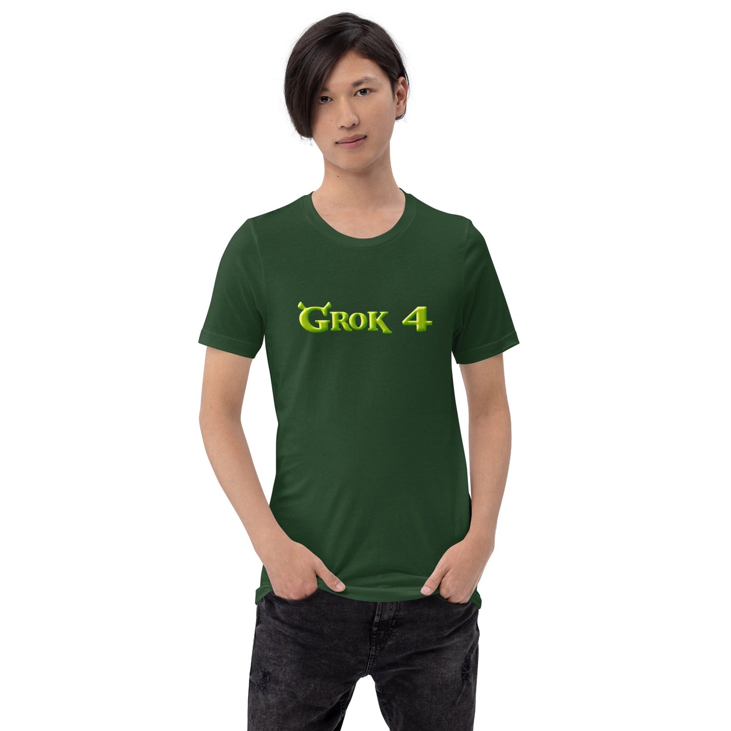 Product mockup photo of the Grok 4 Ogre T Shirt (unisex).