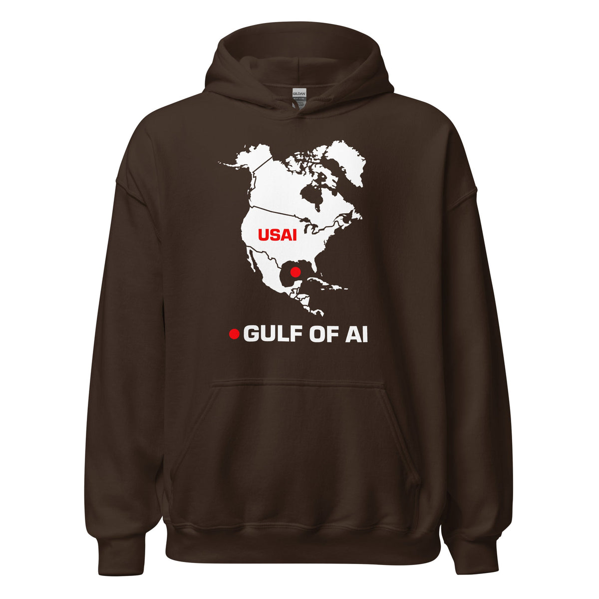 Product mockup photo of the Gulf of AI Hoodie (unisex) Dark Chocolate / M.