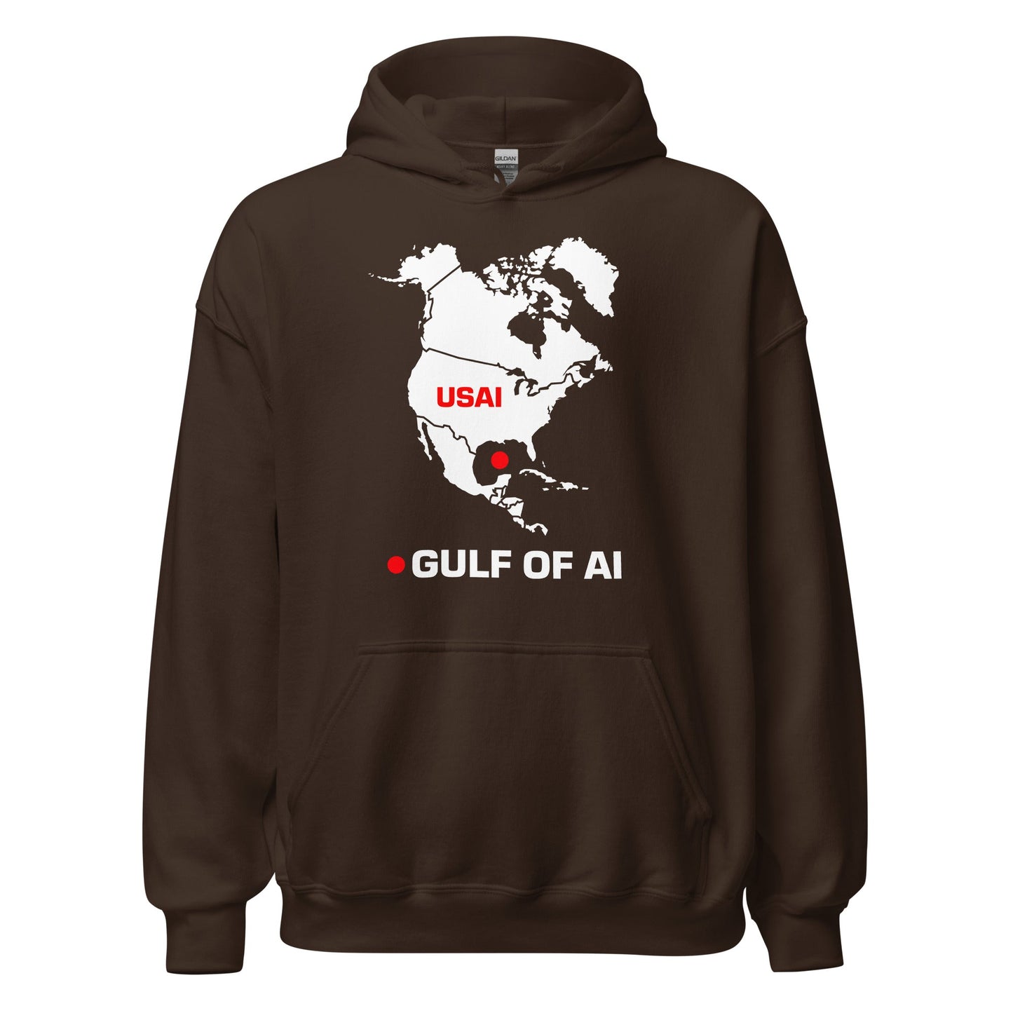 Product mockup photo of the Gulf of AI Hoodie (unisex) Dark Chocolate / M.