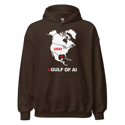 Product mockup photo of the Gulf of AI Hoodie (unisex) Dark Chocolate / M.
